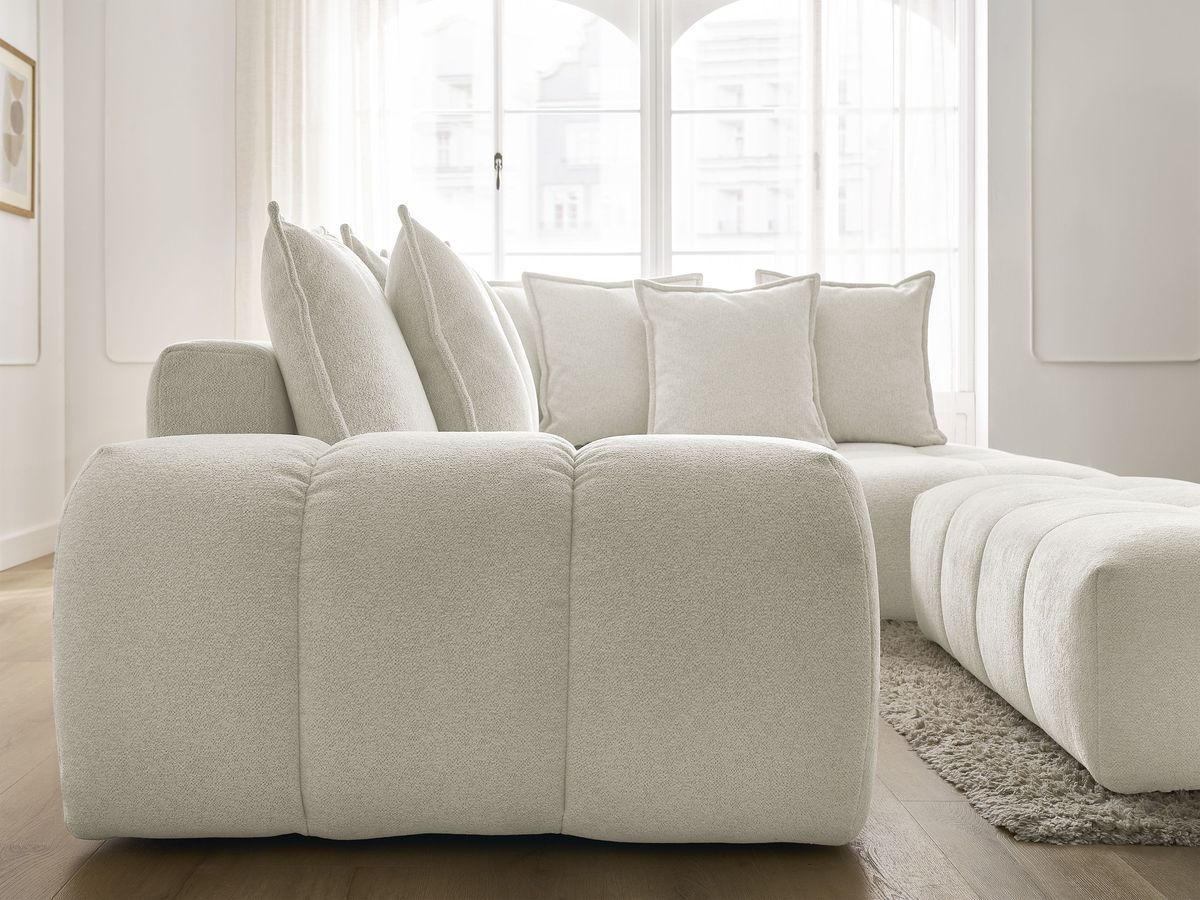 Bobochic Everest Ecksofa mit Schlaffunktion und Bettkasten und Pouf 320 × 212 cm, 10 Kissen Melange-Stoff Weiß Ecke rechts