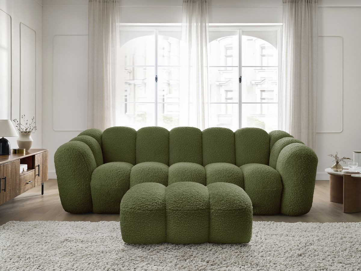 Bobochic Hippolyte Sofa 3-Sitzer mit Pouf Bouclé-Stoff Grün