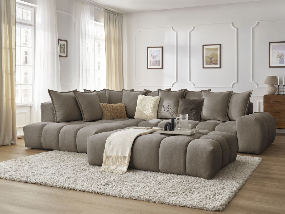 Bobochic Everest Ecksofa mit Schlaffunktion und Pouf, 10 Kissen Strukturstoff Taupe Ecke links