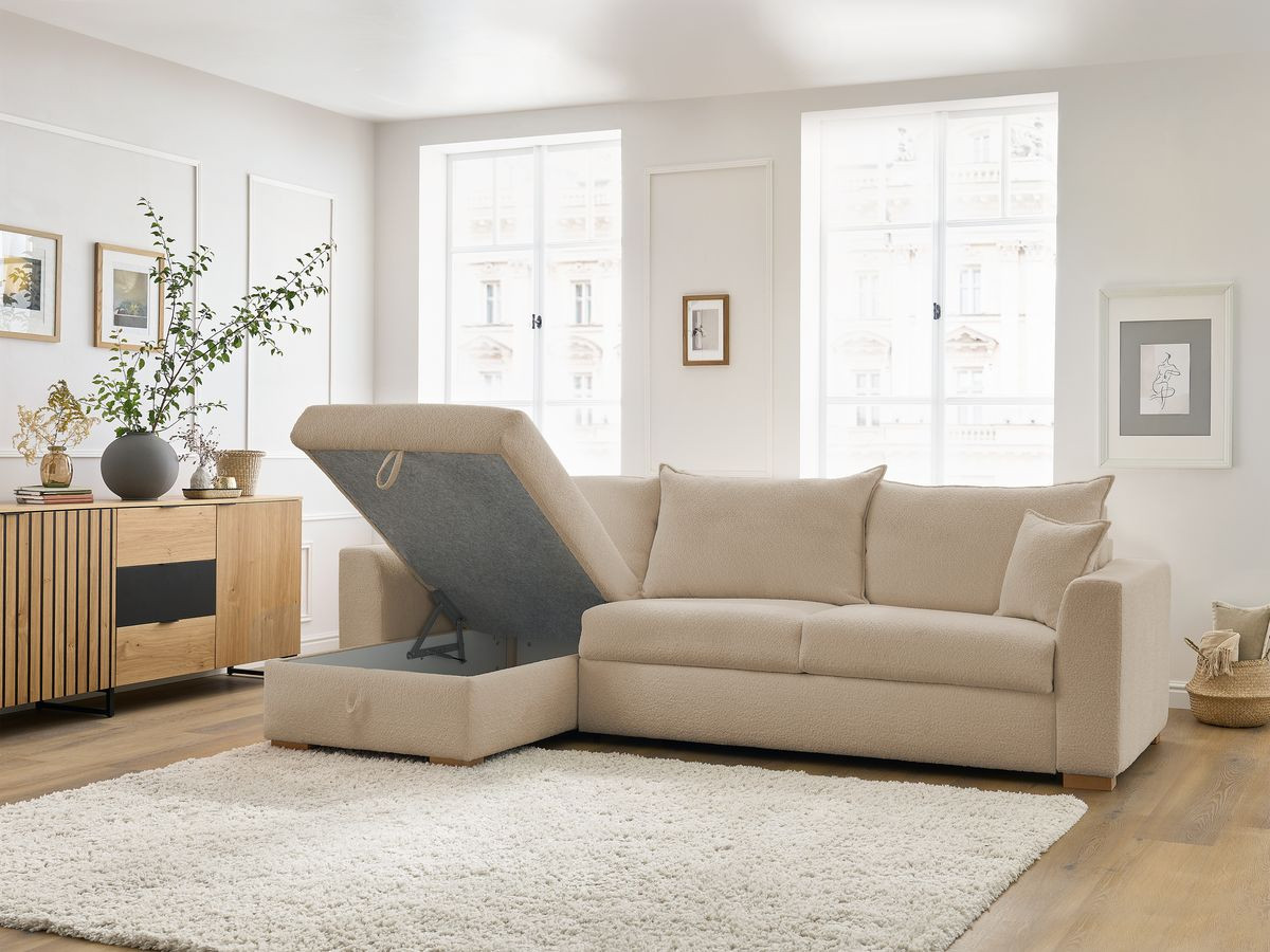 Bobochic Augustin Ecksofa mit Schlaffunktion und Bettkasten Bouclé-Stoff Beige, Liegefläche 140 × 200 cm
