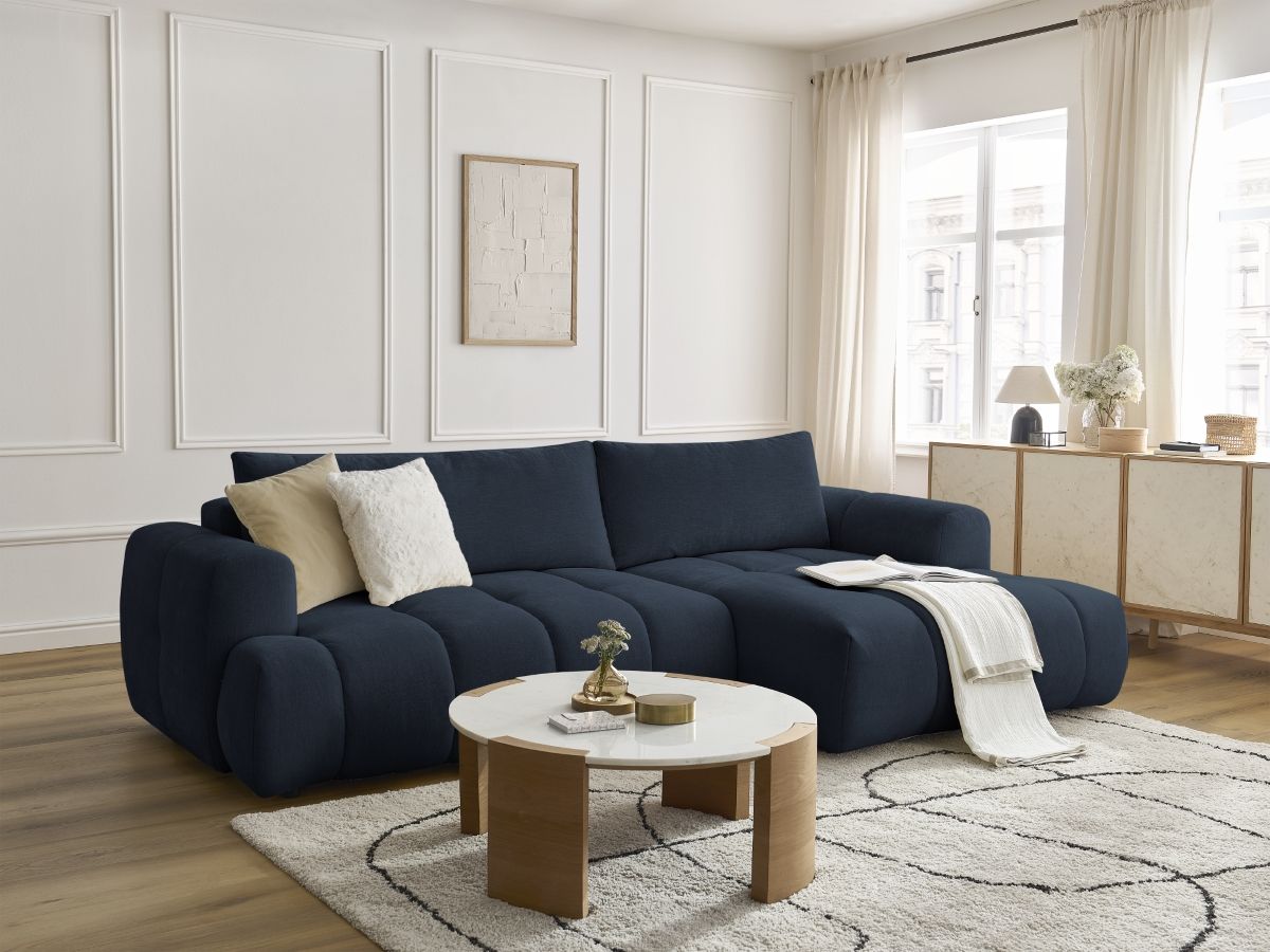 Bobochic Fuji Ecksofa mit Schlaffunktion und Bettkasten 292 × 160 cm Stoff Dunkelblau Ecke rechts