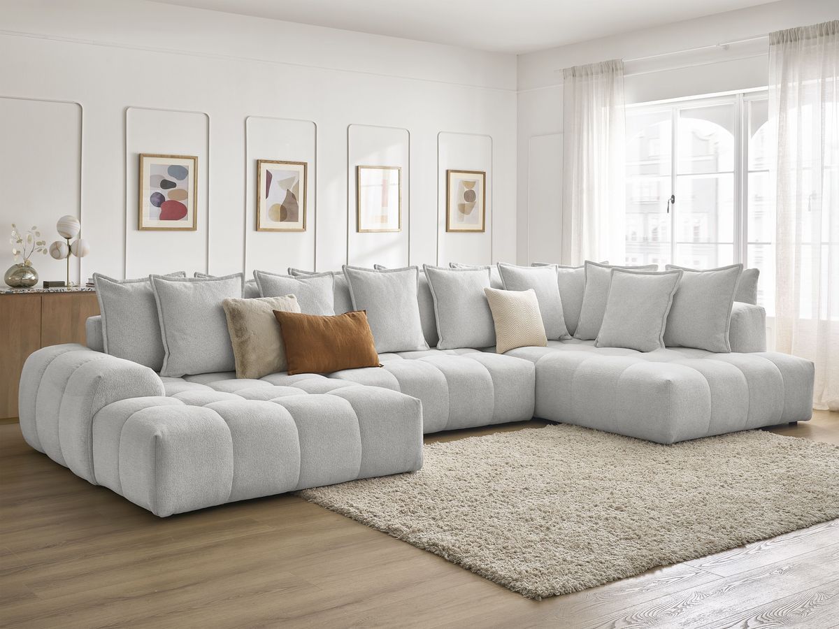 Bobochic Everest Wohnlandschaft, 14 Kissen Melange-Stoff Hellgrau Ecke links