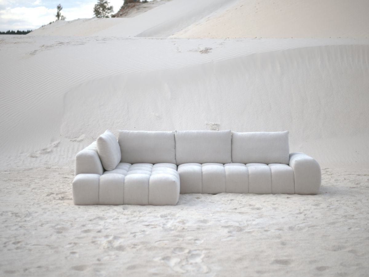 Bobochic Everest Ecksofa mit Schlaffunktion und Pouf, 4 Kissen Strukturstoff Beige Ecke links