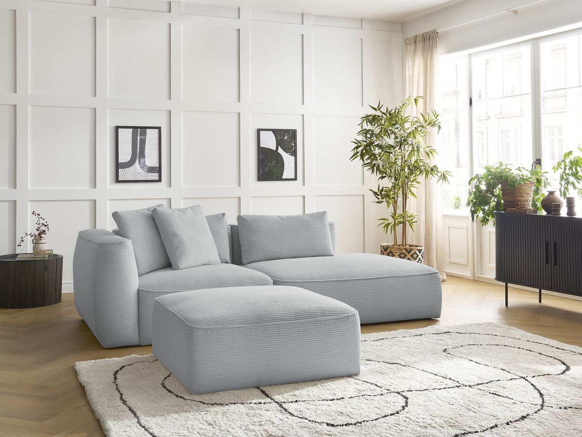 Bobochic Leopold Sofa 4-Sitzer mit Pouf Cordsamt Hellgrau Armlehne links
