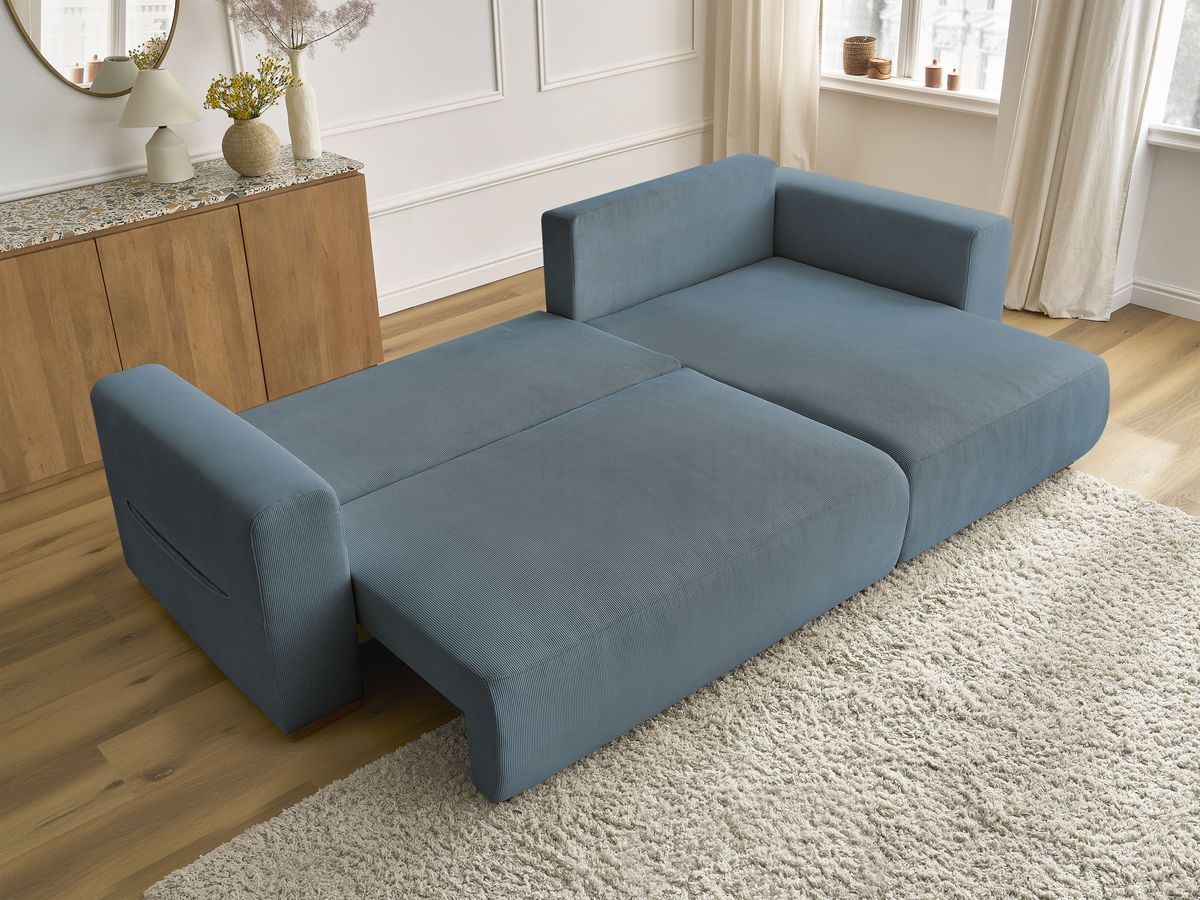 Bobochic Sidonie Ecksofa mit Schlaffunktion und Bettkasten Cordsamt Dunkelblau