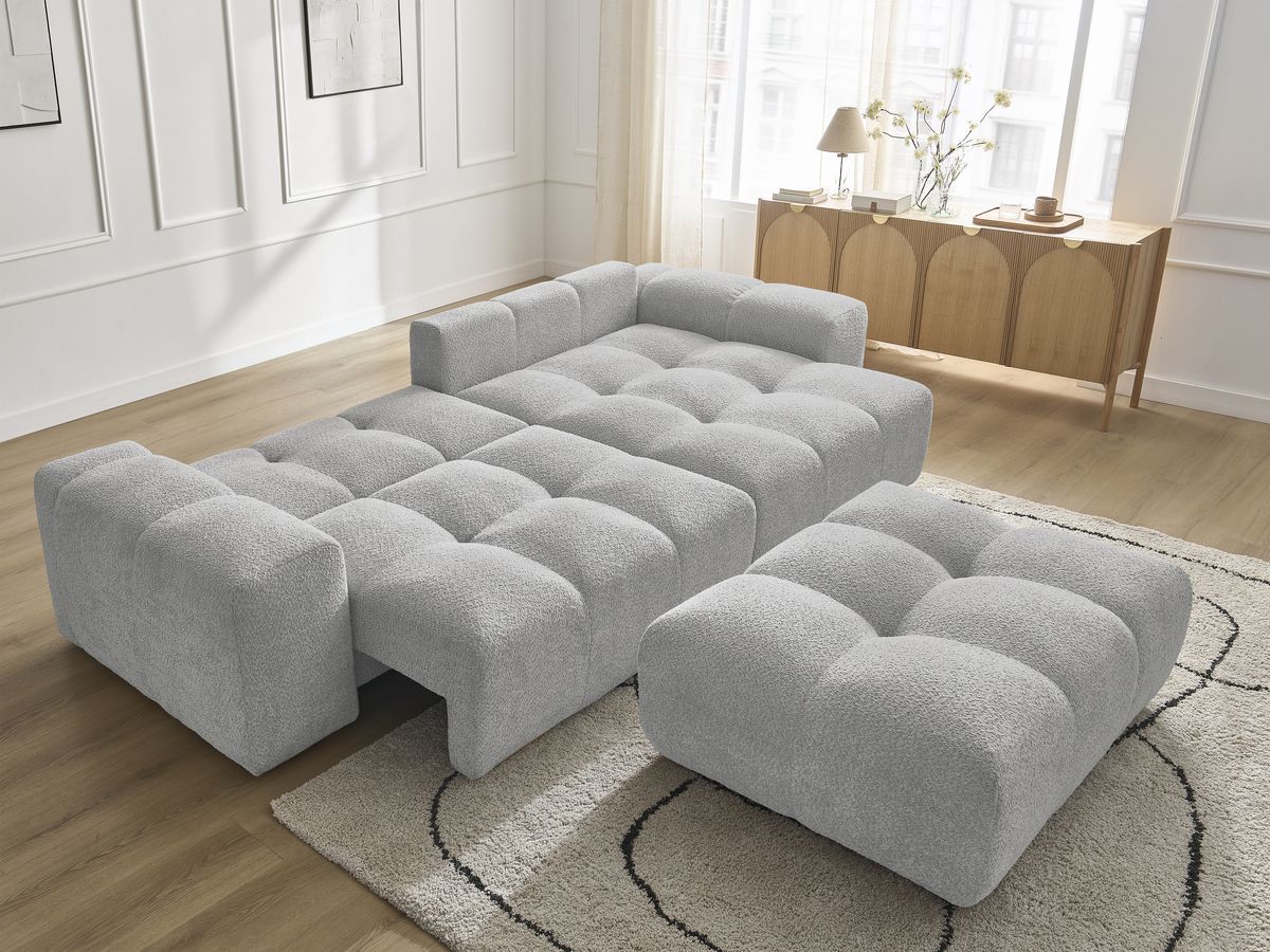Bobochic Anakin Ecksofa mit Schlaffunktion und Bettkasten und Pouf, 2 Kissen Bouclé-Stoff Hellgrau