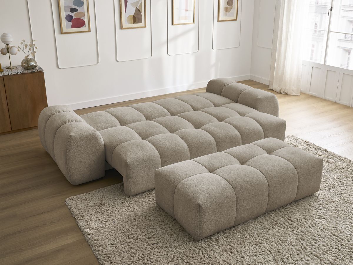Bobochic Everest Schlafsofa 3-Sitzer mit Bettkasten und Pouf, 2 Kissen Melange-Stoff Taupe
