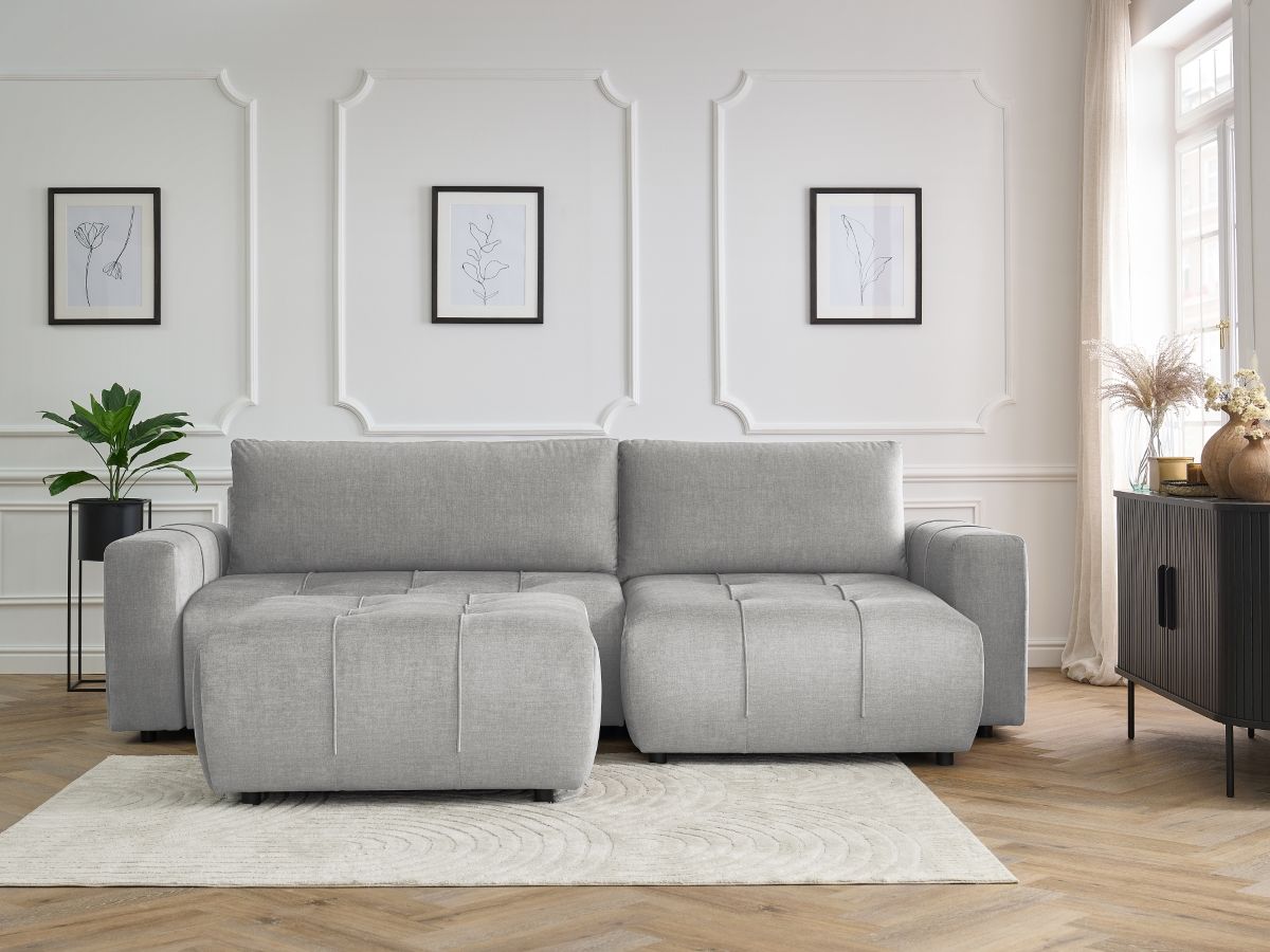 Bobochic Arsene Ecksofa mit Schlaffunktion und Bettkasten und Pouf 288 × 148 cm Samt Hellgrau