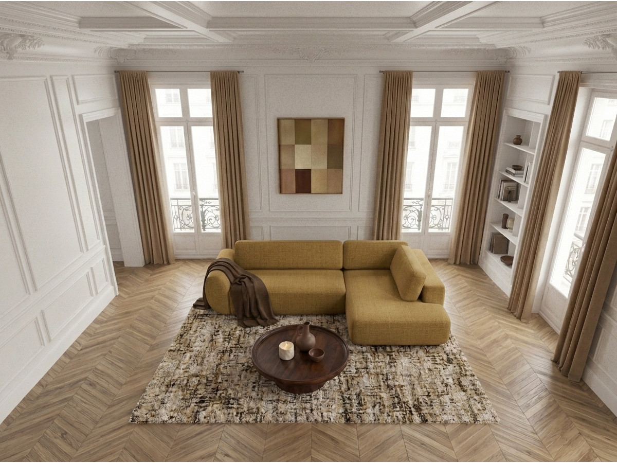 Bobochic Denise Ecksofa mit Schlaffunktion und Bettkasten 256 × 197 cm Strukturstoff Gelb Ecke rechts