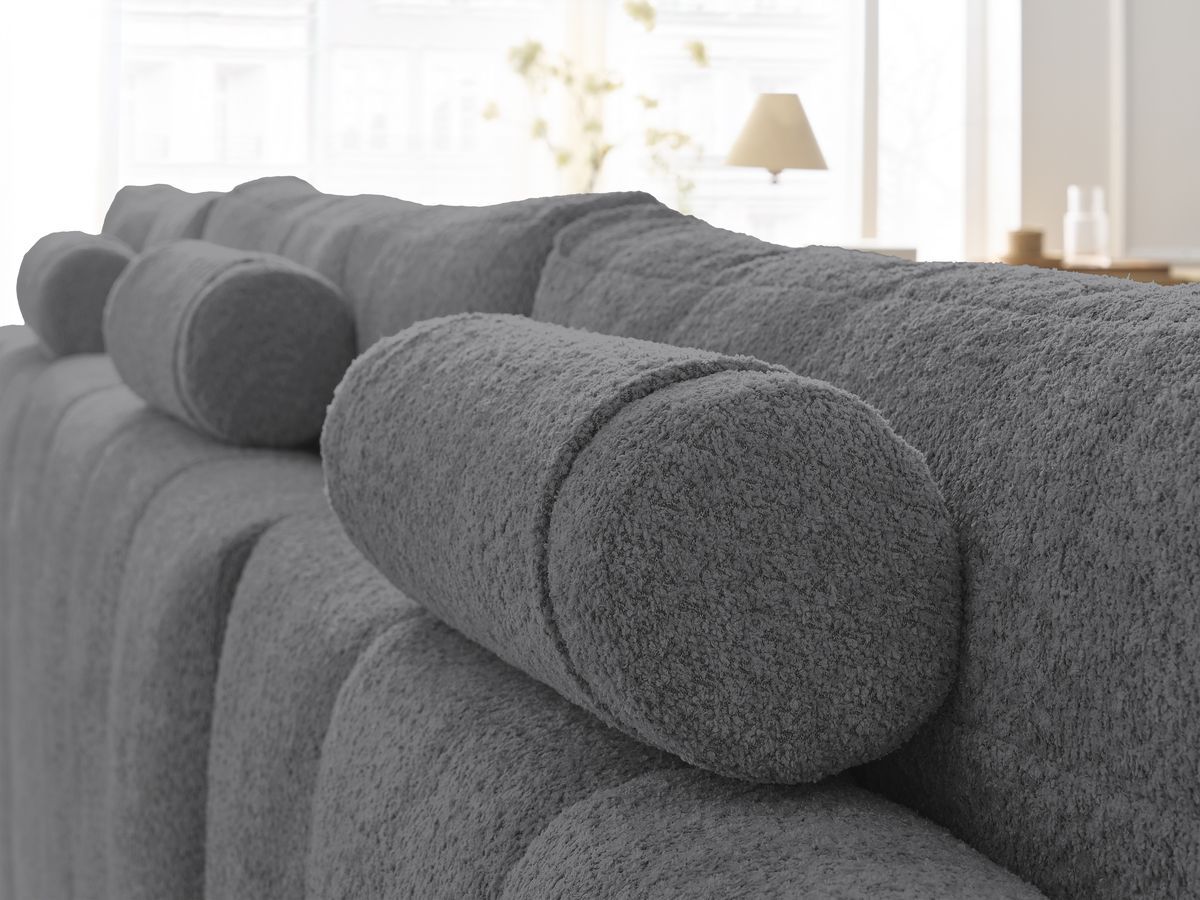 Bobochic Anakin Wohnlandschaft mit Pouf, Liegefläche 137 × 382 cm, 3 Kissen Bouclé-Stoff Dunkelgrau
