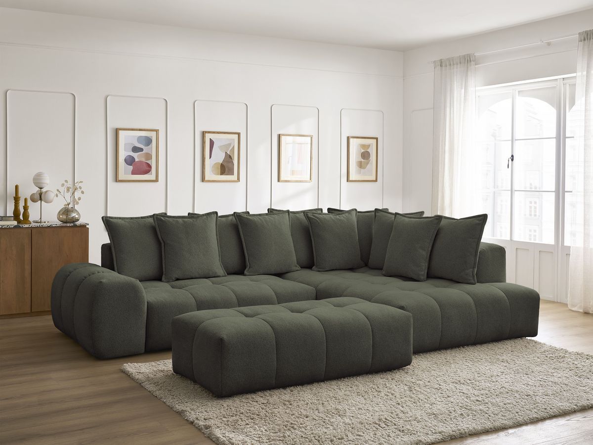 Bobochic Everest Ecksofa mit Schlaffunktion und Bettkasten und Pouf 320 × 212 cm, 10 Kissen Melange-Stoff Grün Ecke rechts