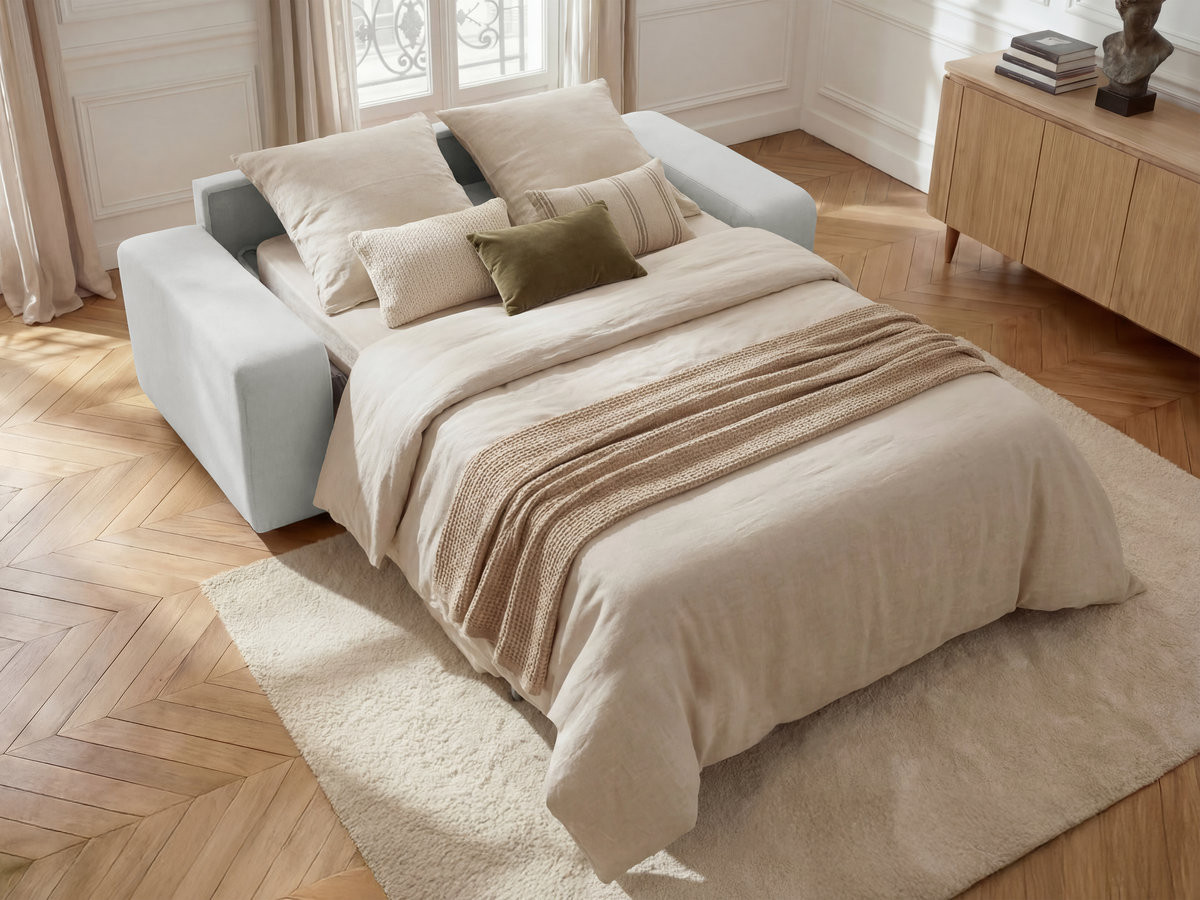 Bobochic Ibiza Schlafsofa 3-Sitzer Strukturstoff Hellgrau, Liegefläche 140 × 196 cm