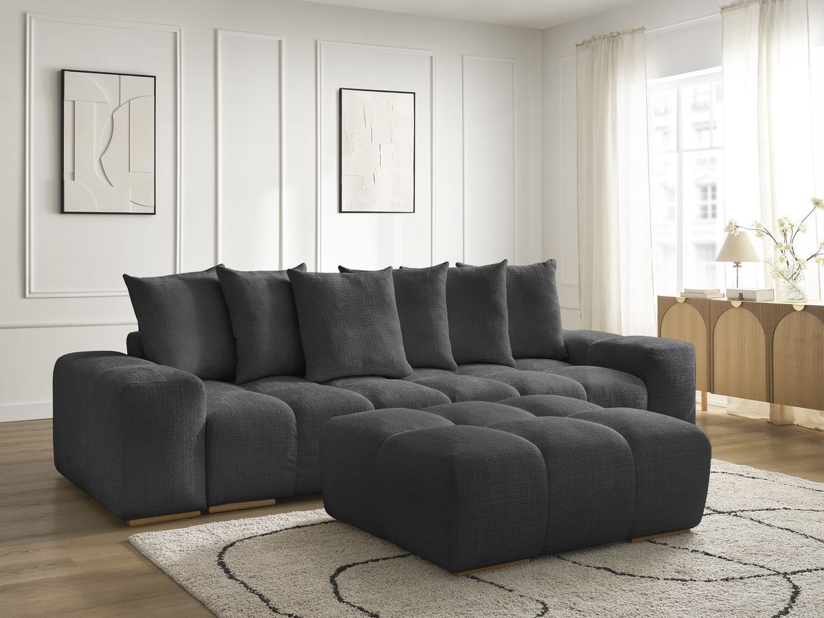 Bobochic Anakin Schlafsofa 3-Sitzer mit Bettkasten und Pouf, 6 Kissen Strukturstoff Schwarz