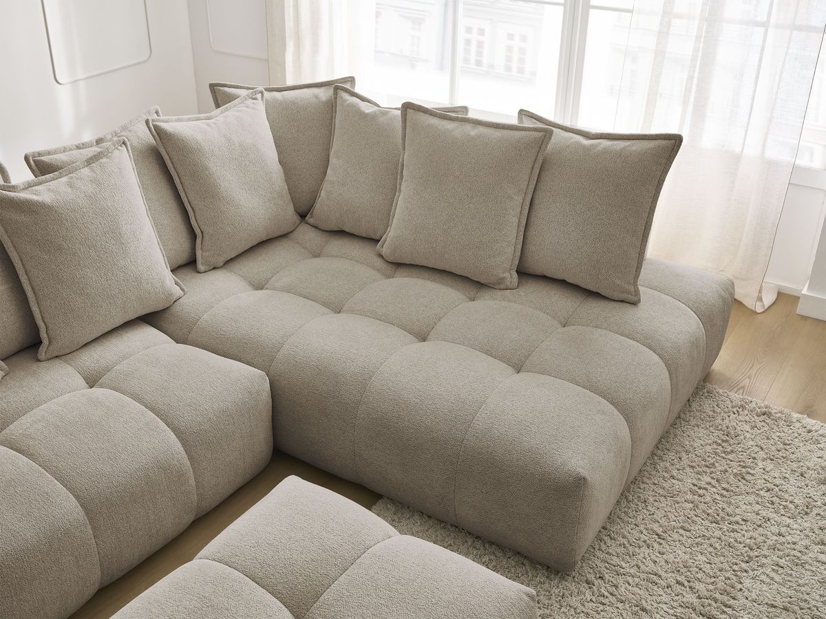 Bobochic Everest Ecksofa mit Schlaffunktion und Bettkasten und Pouf 320 × 212 cm, 10 Kissen Melange-Stoff Taupe Ecke rechts