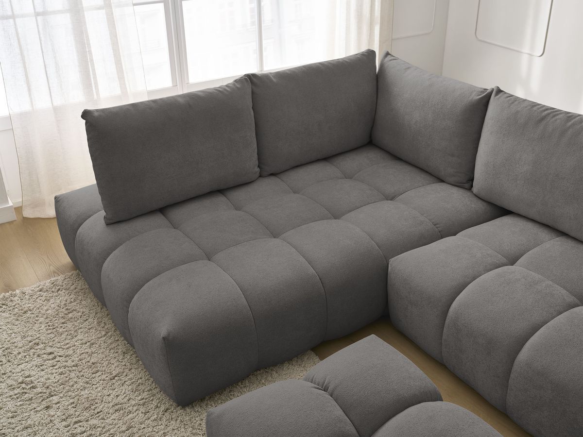 Bobochic Everest Ecksofa mit Schlaffunktion und Bettkasten und Pouf 320 × 212 cm, 5 Kissen Strukturstoff Dunkelgrau Ecke links