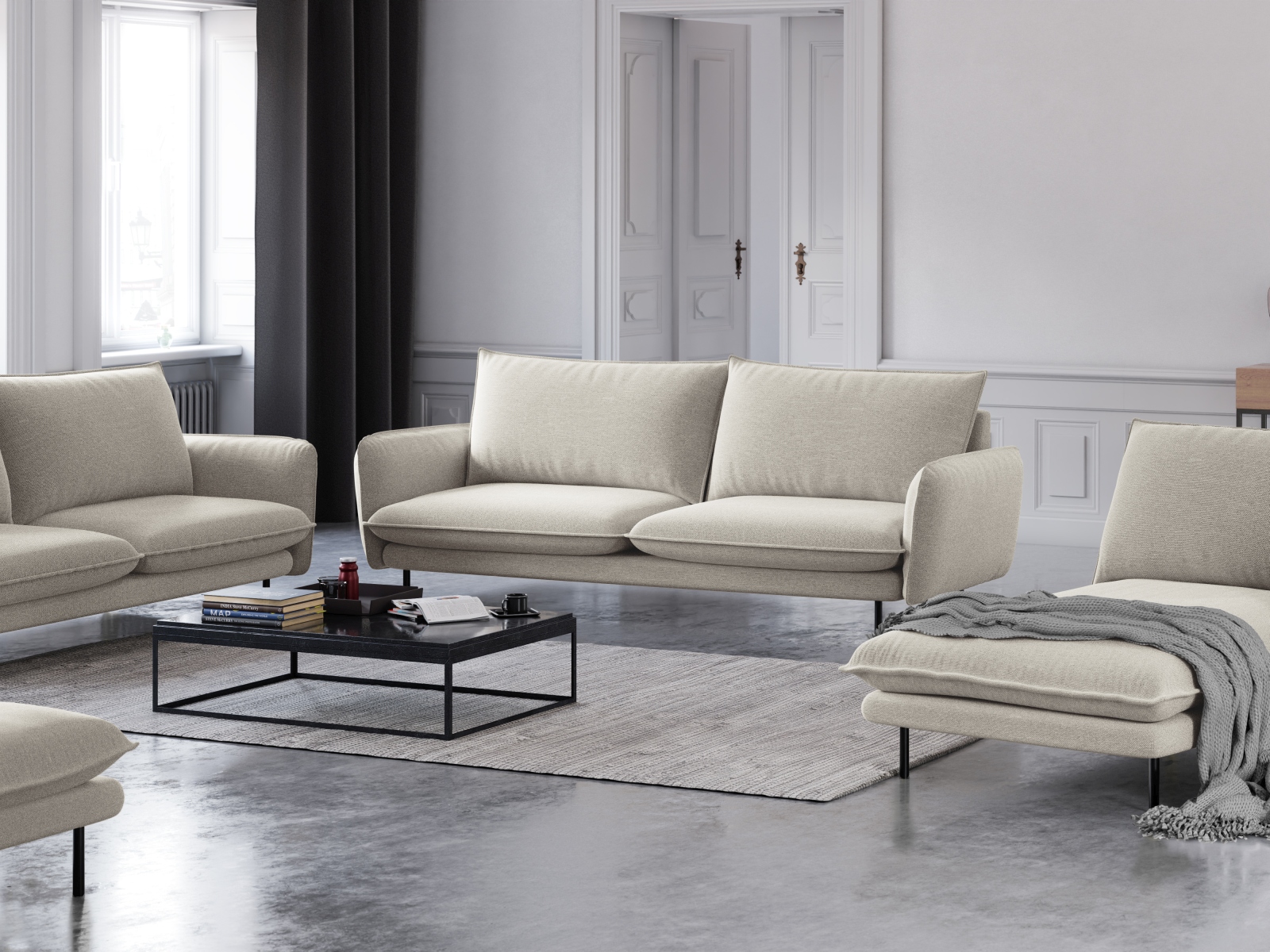 Cosmopolitan Design Sofa Vienna 4-Sitzer Strukturierter Stoff Positano Helles Beige Beine Schwarzes Metall
