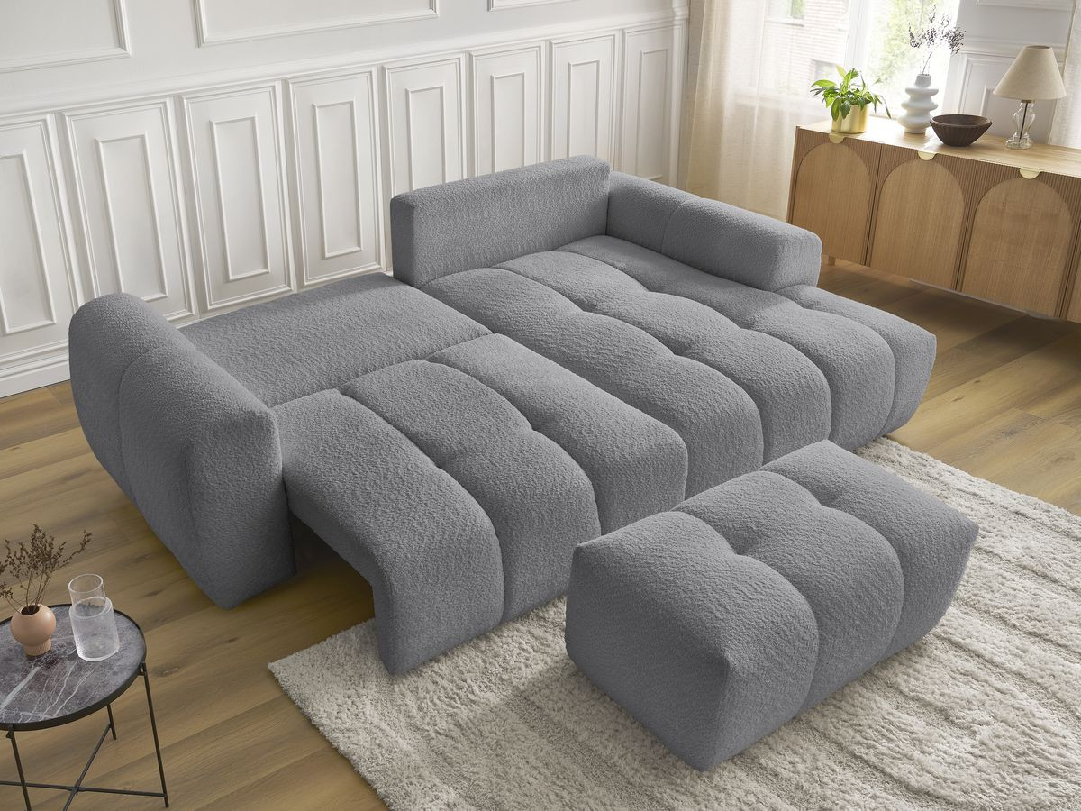 Bobochic Roxelane Ecksofa mit Schlaffunktion und Bettkasten und Pouf 258 × 150 cm Bouclé-Stoff Dunkelgrau Ecke rechts