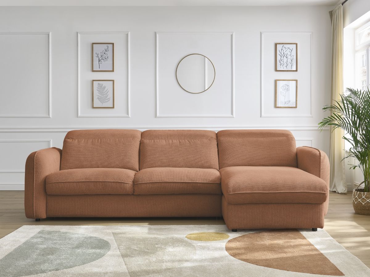 Bobochic Achille Ecksofa mit Schlaffunktion und Bettkasten Melange-Stoff Orange, Liegefläche 160 × 200 cm