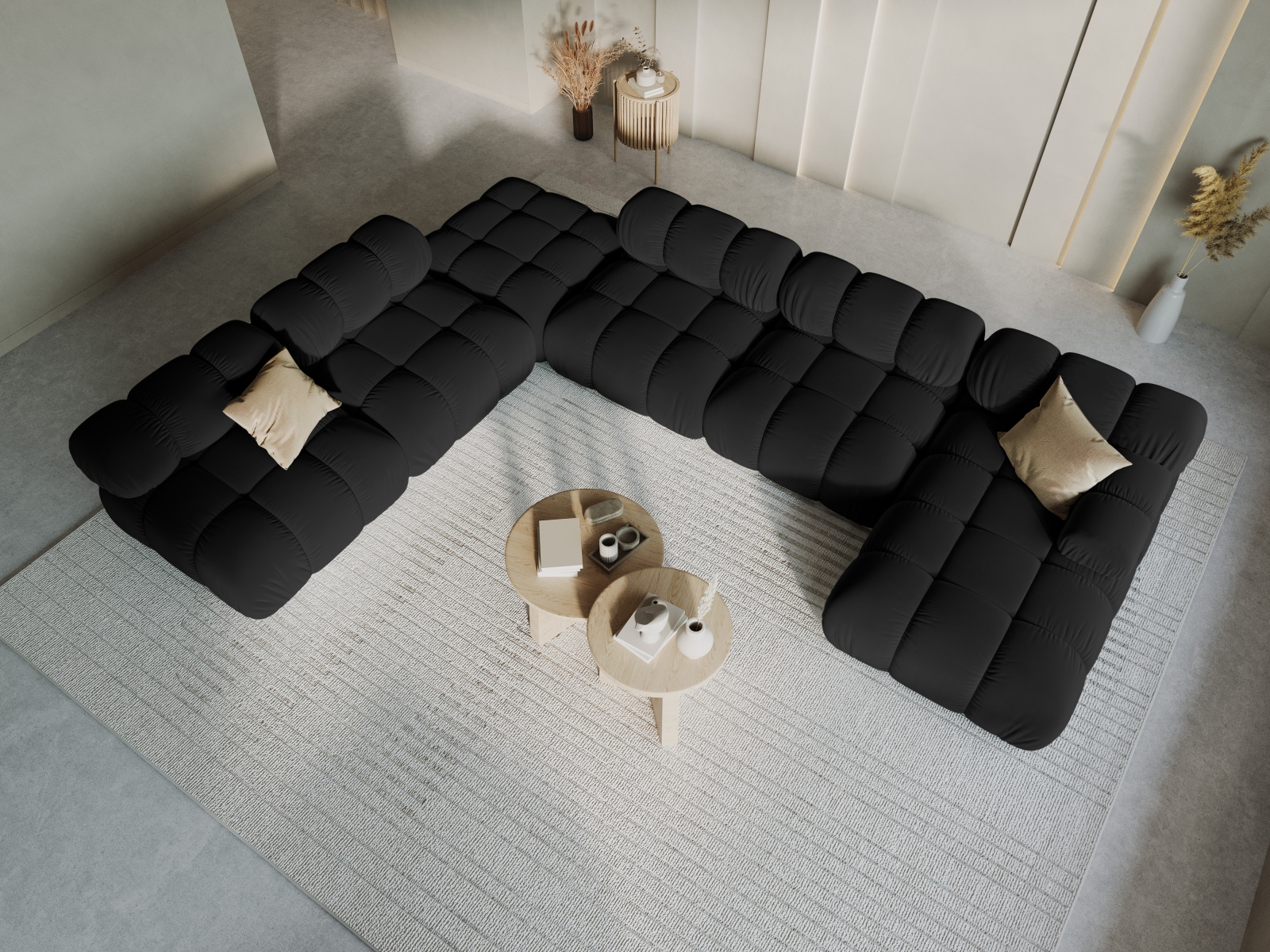 Micadoni Modulares Panorama Ecksofa Bellis 7-Sitzer Links Samt Bluvel Schwarz