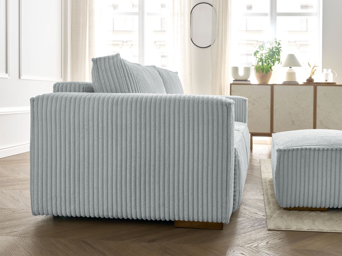 Bobochic Chelsea Schlafsofa 4-Sitzer mit Bettkasten und Pouf Breitcord weich Hellgrau