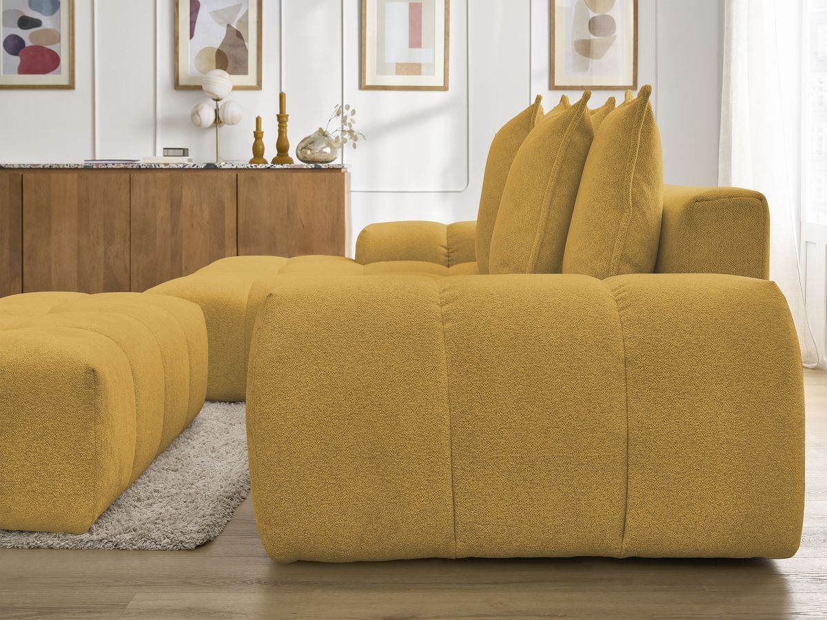 Bobochic Everest Ecksofa mit Schlaffunktion und Bettkasten und Pouf 318 × 180 cm, 7 Kissen Melange-Stoff Gelb Ecke links