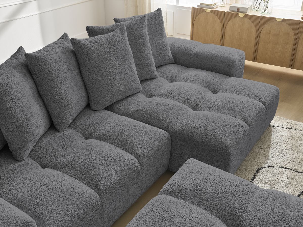 Bobochic Anakin Ecksofa mit Pouf, 6 Kissen Bouclé-Stoff Dunkelgrau