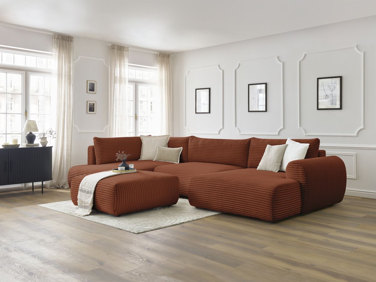 Bobochic Lucien Wohnlandschaft mit Pouf Breitcord weich Orange Ecke rechts