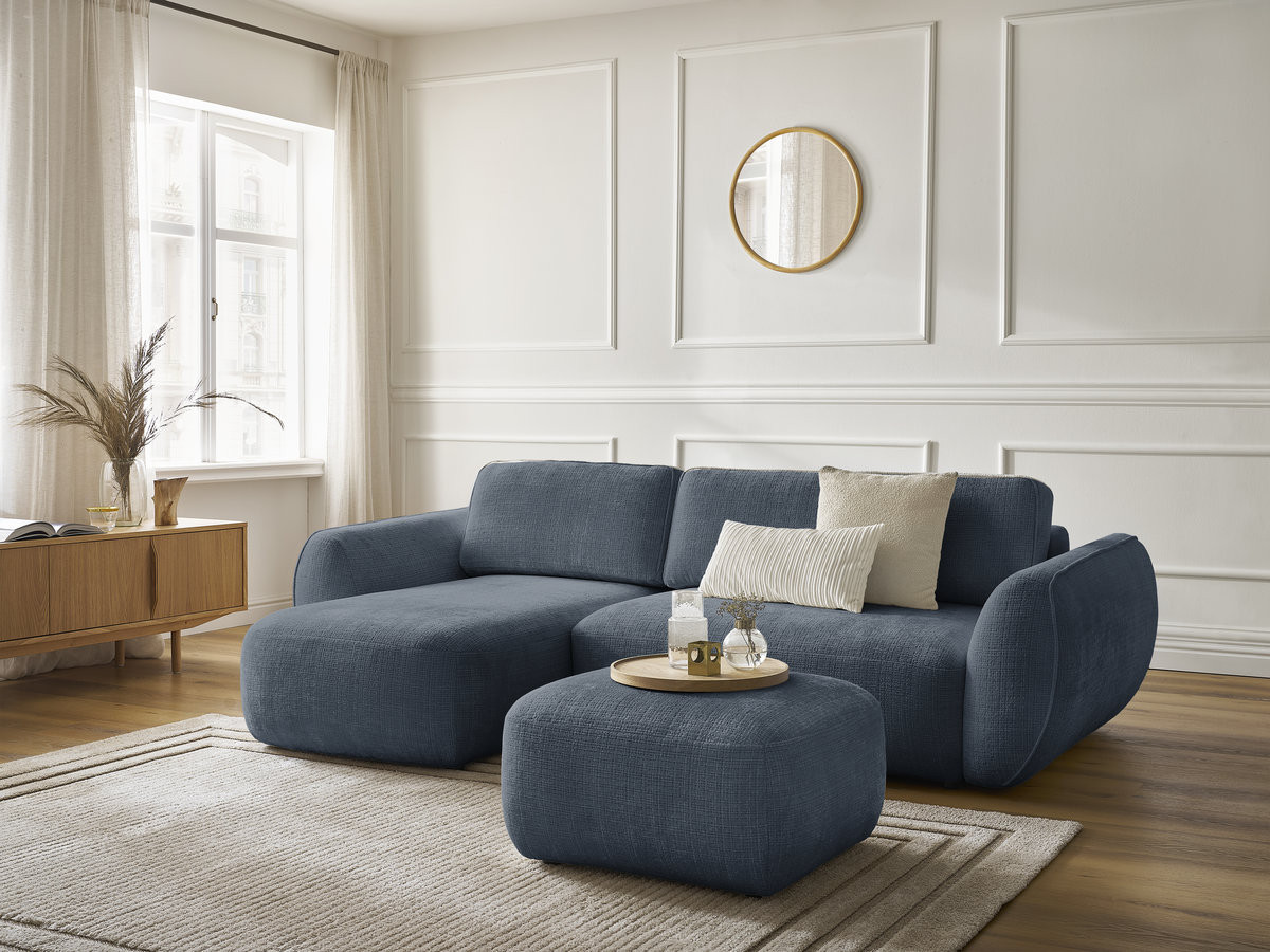Bobochic Denise Ecksofa mit Schlaffunktion und Bettkasten und Pouf 258 × 160 cm Strukturstoff Dunkelblau Ecke links