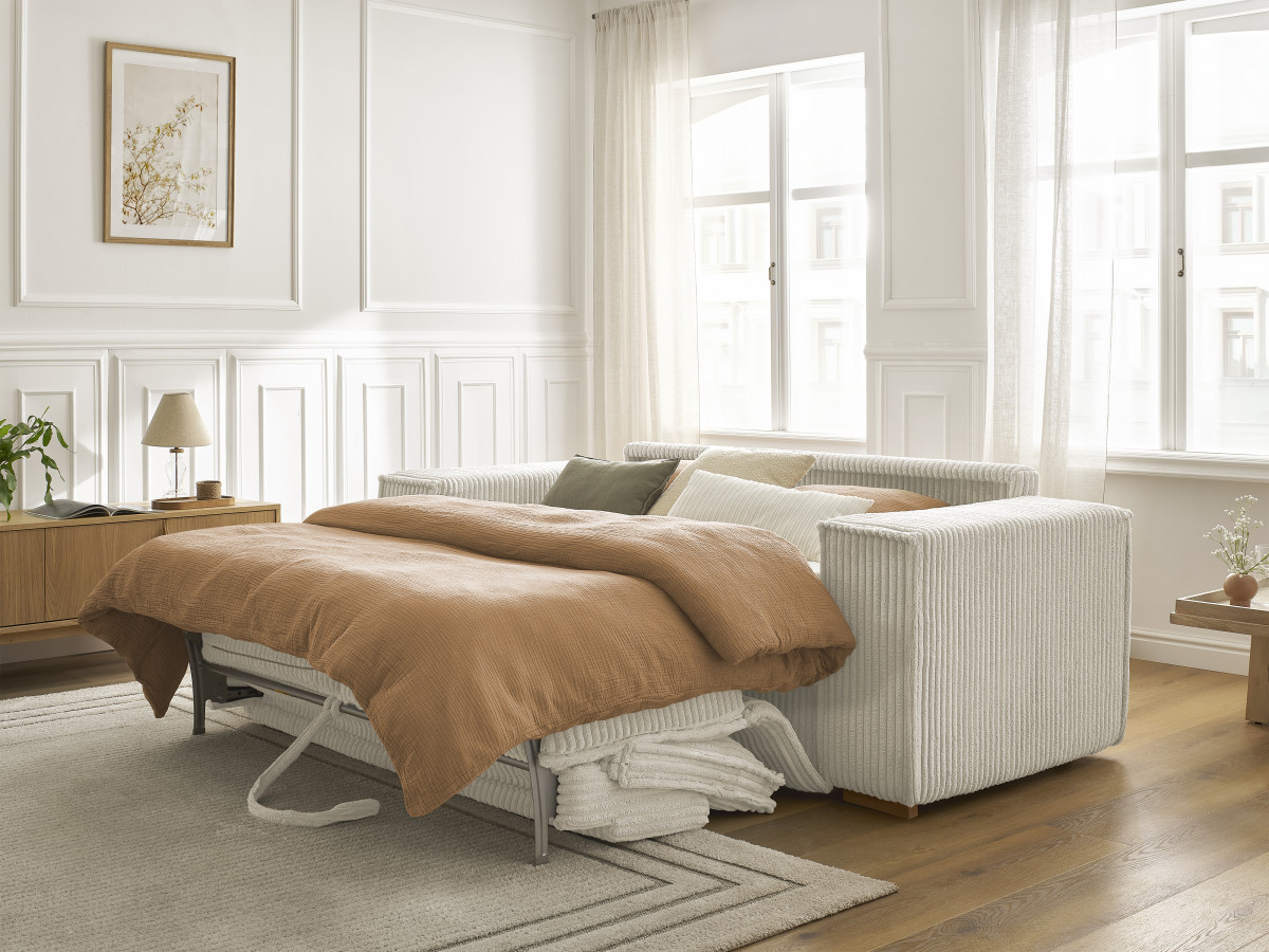 Bobochic Chelsea Schlafsofa 3-Sitzer Cordsamt Beige, Liegefläche 140 × 200 cm
