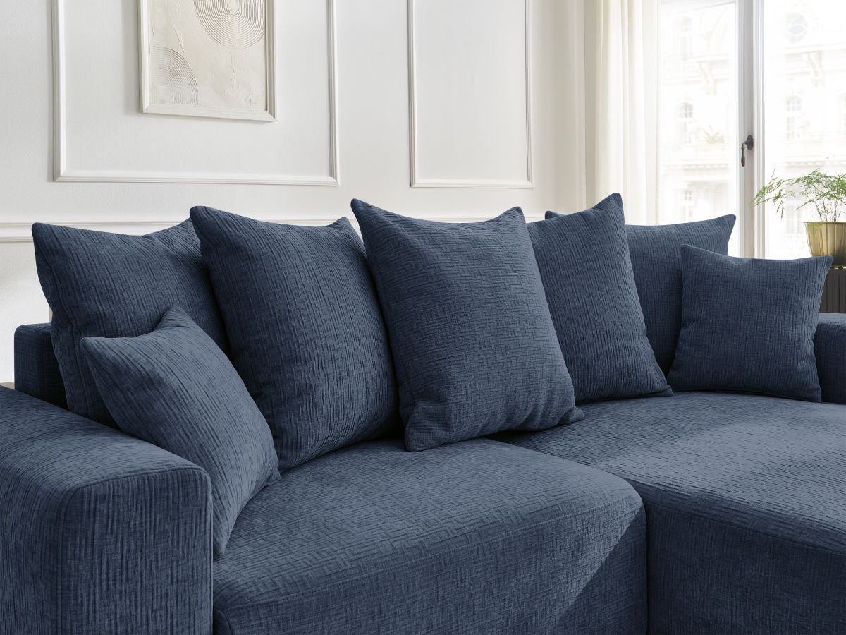 Bobochic Atilla Ecksofa mit Schlaffunktion und Bettkasten Strukturstoff Dunkelblau Ecke rechts