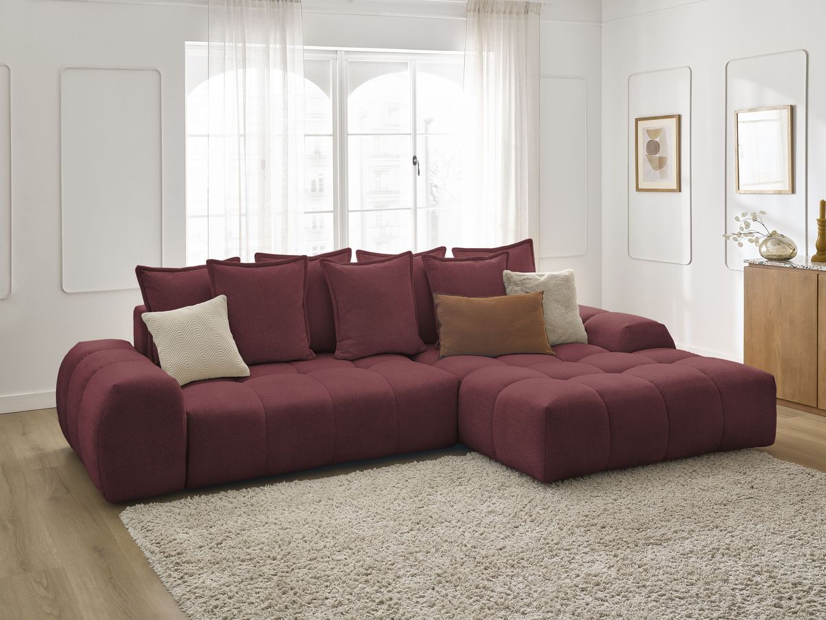 Bobochic Everest Ecksofa mit Schlaffunktion und Bettkasten 318 × 180 cm, 7 Kissen Melange-Stoff Rot Ecke rechts
