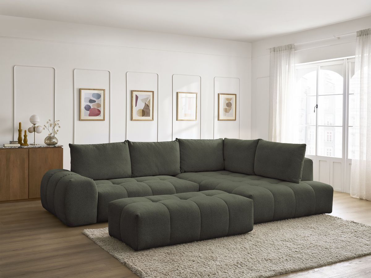 Bobochic Everest Ecksofa mit Schlaffunktion und Bettkasten und Pouf 320 × 212 cm, 5 Kissen Melange-Stoff Grün Ecke rechts