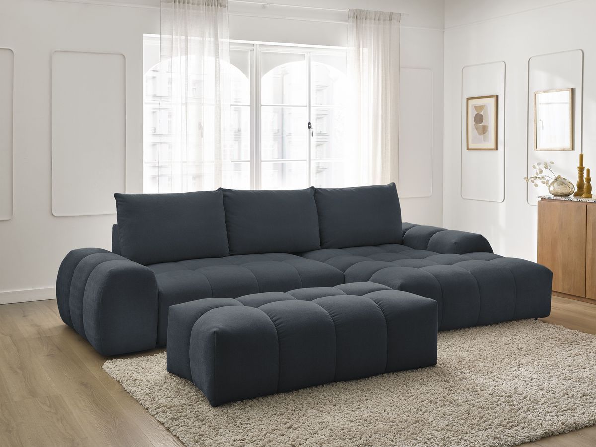 Bobochic Everest Ecksofa mit Schlaffunktion und Bettkasten und Pouf 318 × 180 cm, 3 Kissen Strukturstoff Blau Ecke rechts