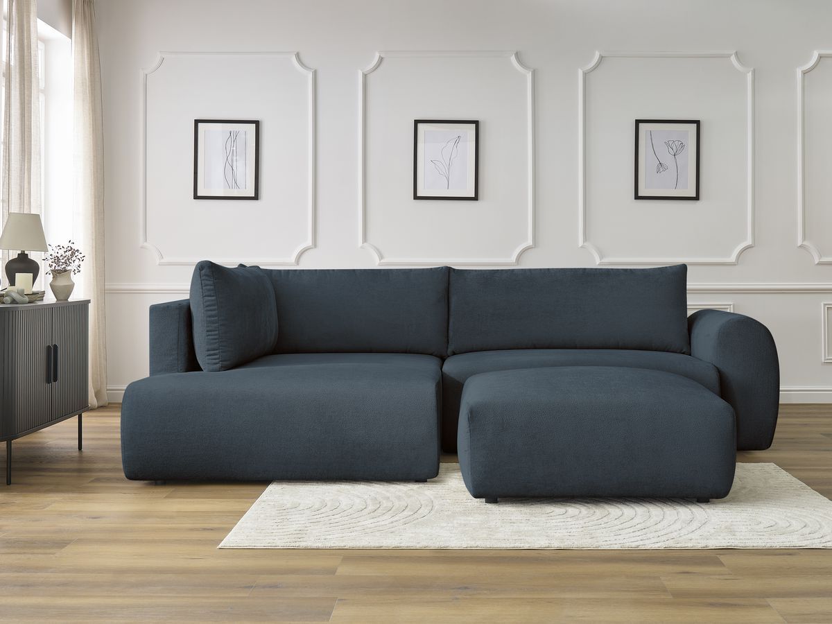 Bobochic Lucien Ecksofa mit Schlaffunktion und Bettkasten und Pouf 296 × 198 cm Stoff Dunkelblau Ecke links