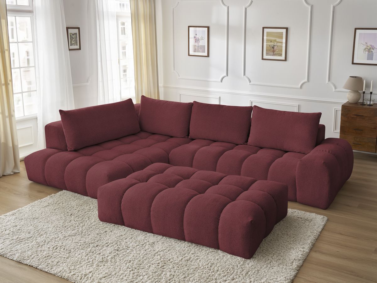 Bobochic Everest Ecksofa mit Schlaffunktion und Pouf, 4 Kissen Melange-Stoff Rot Ecke links