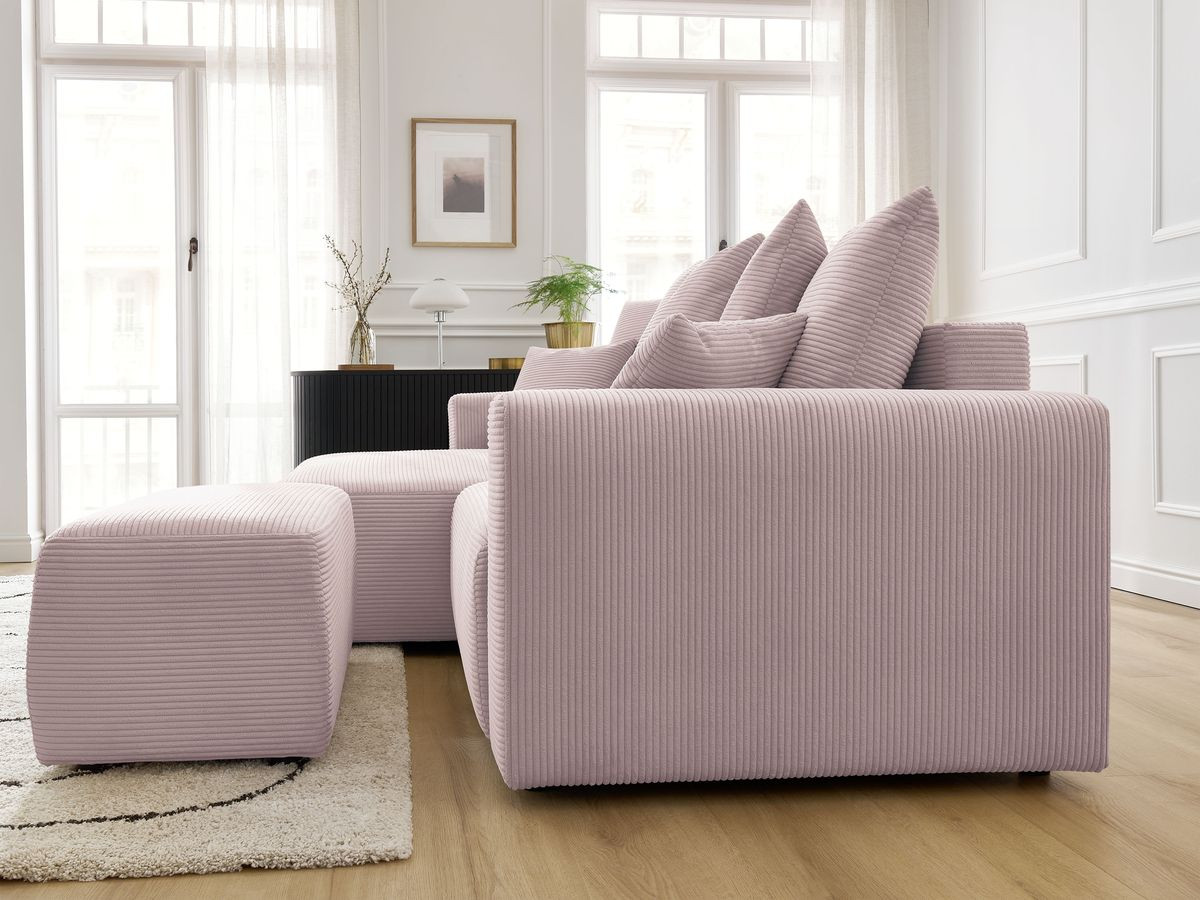 Bobochic Atilla Ecksofa mit Schlaffunktion und Bettkasten und Pouf Cordsamt Violett Ecke links
