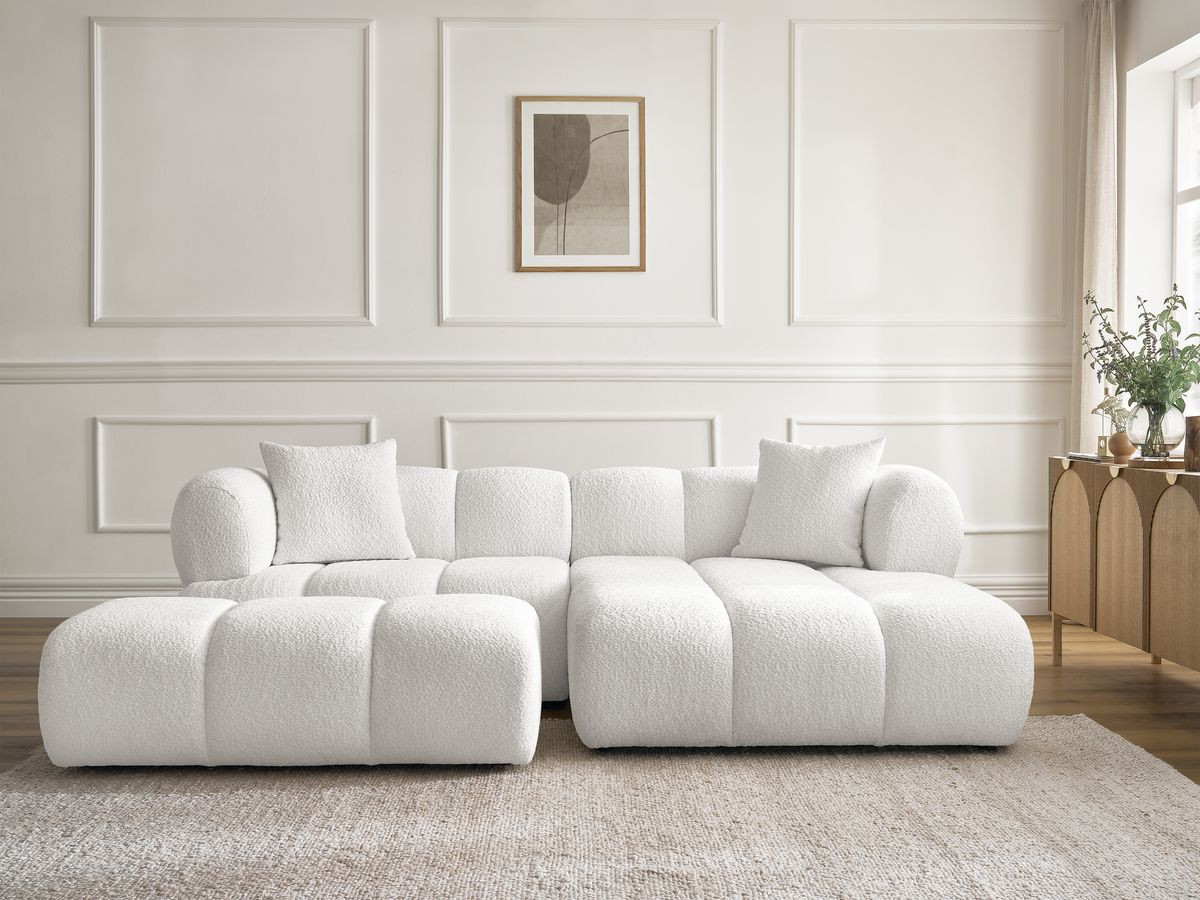 Bobochic Pamira Ecksofa mit Pouf Bouclé-Stoff Weiß Ecke rechts