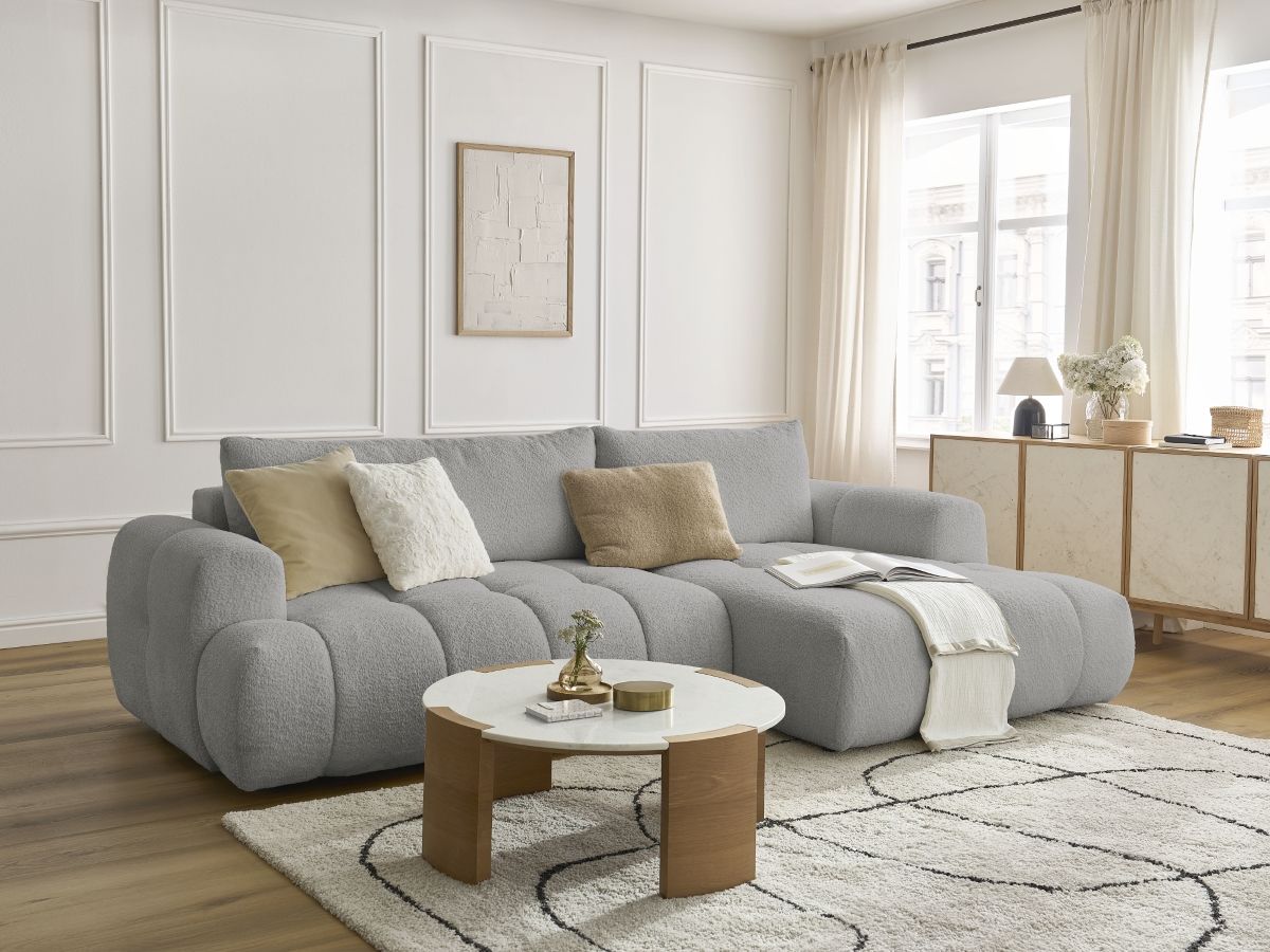 Bobochic Fuji Ecksofa mit Schlaffunktion und Bettkasten 292 × 160 cm Bouclé-Stoff Hellgrau Ecke rechts