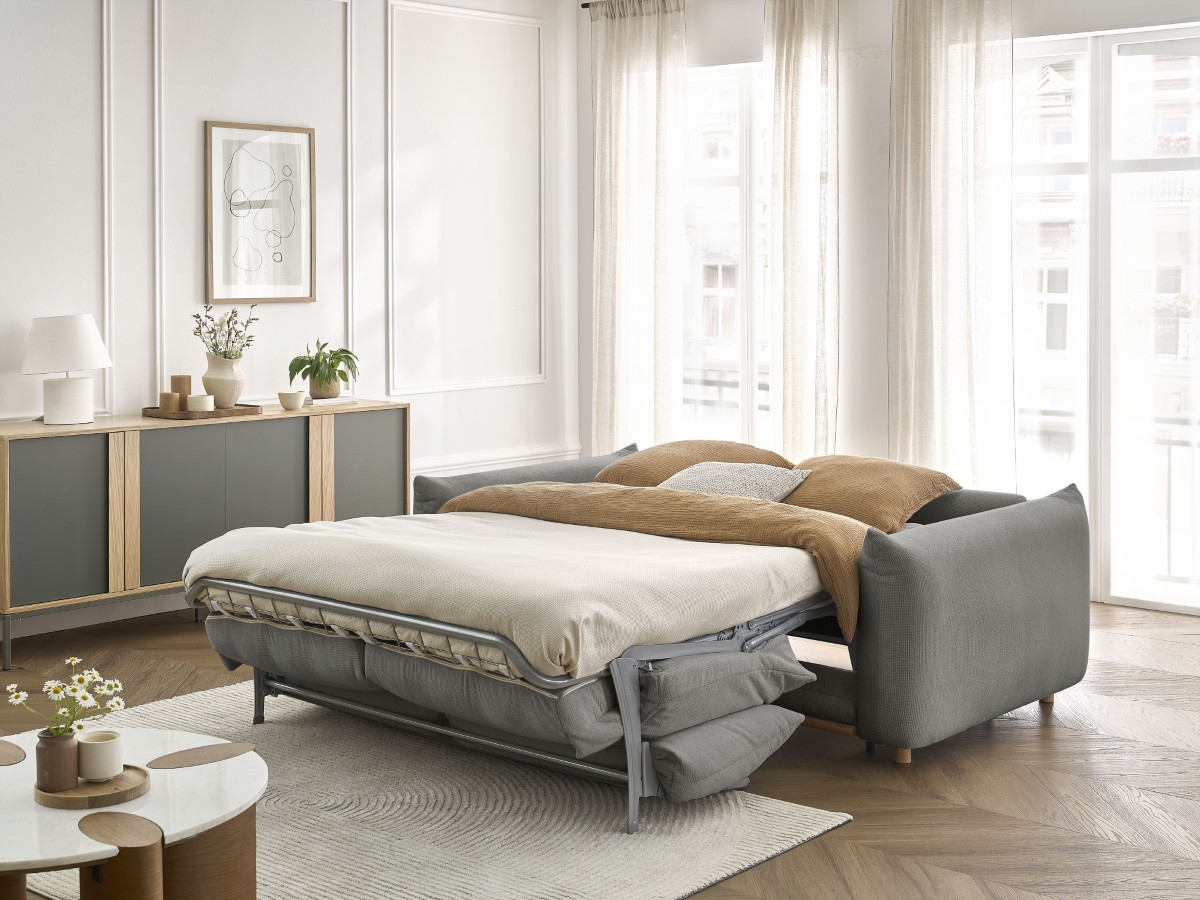 Bobochic Ernest Schlafsofa 3-Sitzer, Liegefläche 190 × 140 / 160 cm Stoff Dunkelgrau, Liegefläche 160 × 190 cm