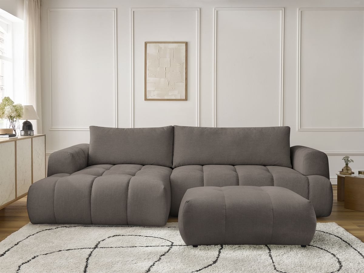 Bobochic Fuji Ecksofa mit Schlaffunktion und Bettkasten und Pouf 292 × 160 cm Stoff Taupe Ecke links