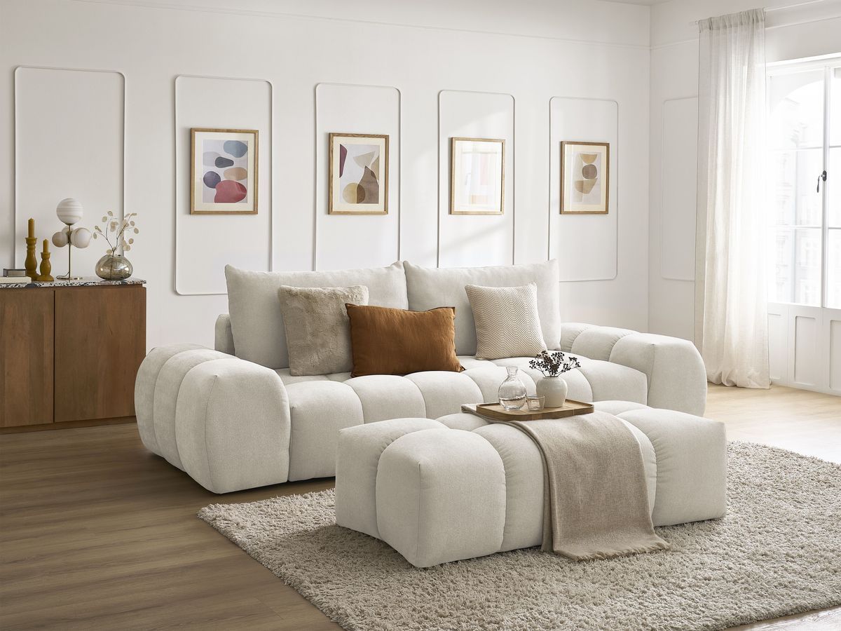 Bobochic Everest Schlafsofa 3-Sitzer mit Bettkasten und Pouf, 2 Kissen Strukturstoff Beige