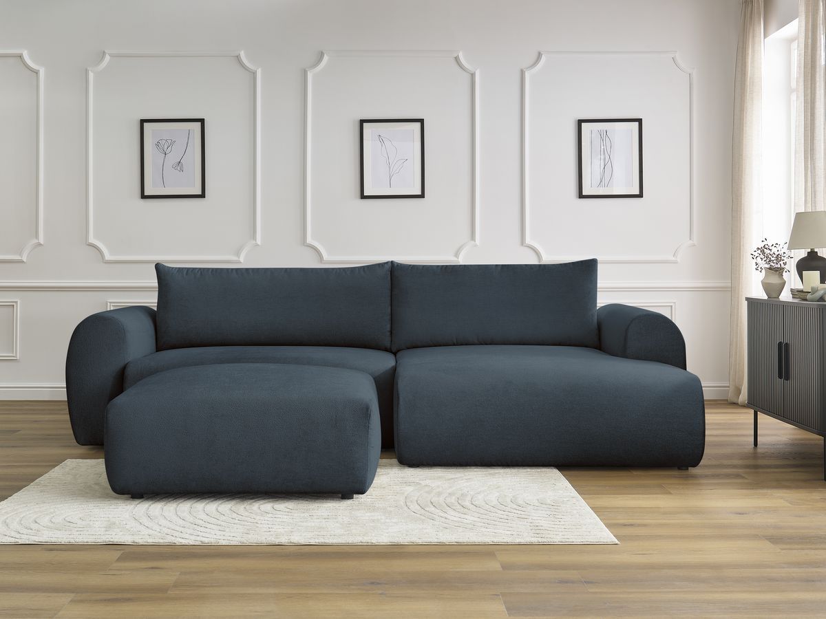 Bobochic Lucien Ecksofa mit Schlaffunktion und Bettkasten und Pouf 314 × 167 cm Stoff Dunkelblau Ecke rechts