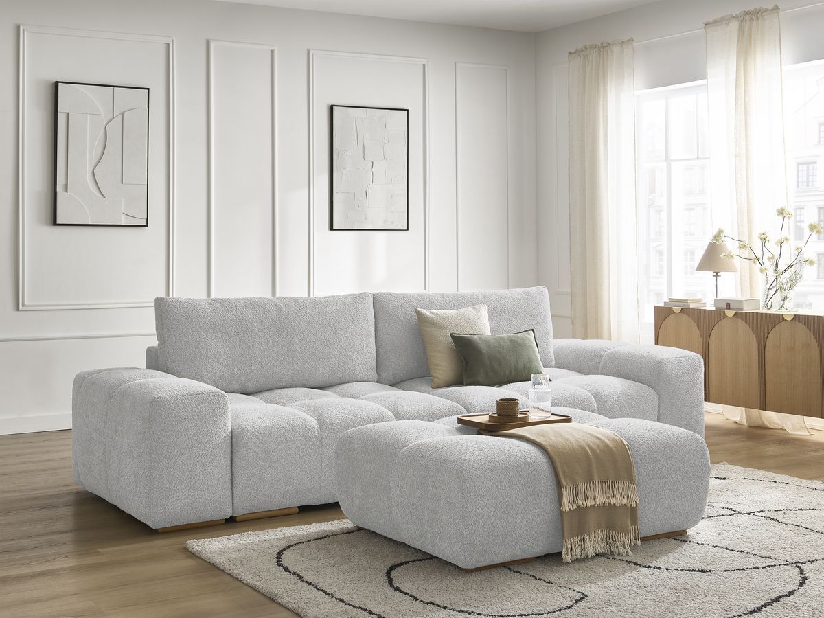 Bobochic Anakin Sofa 3-Sitzer mit Pouf, 2 Kissen Bouclé-Stoff Hellgrau