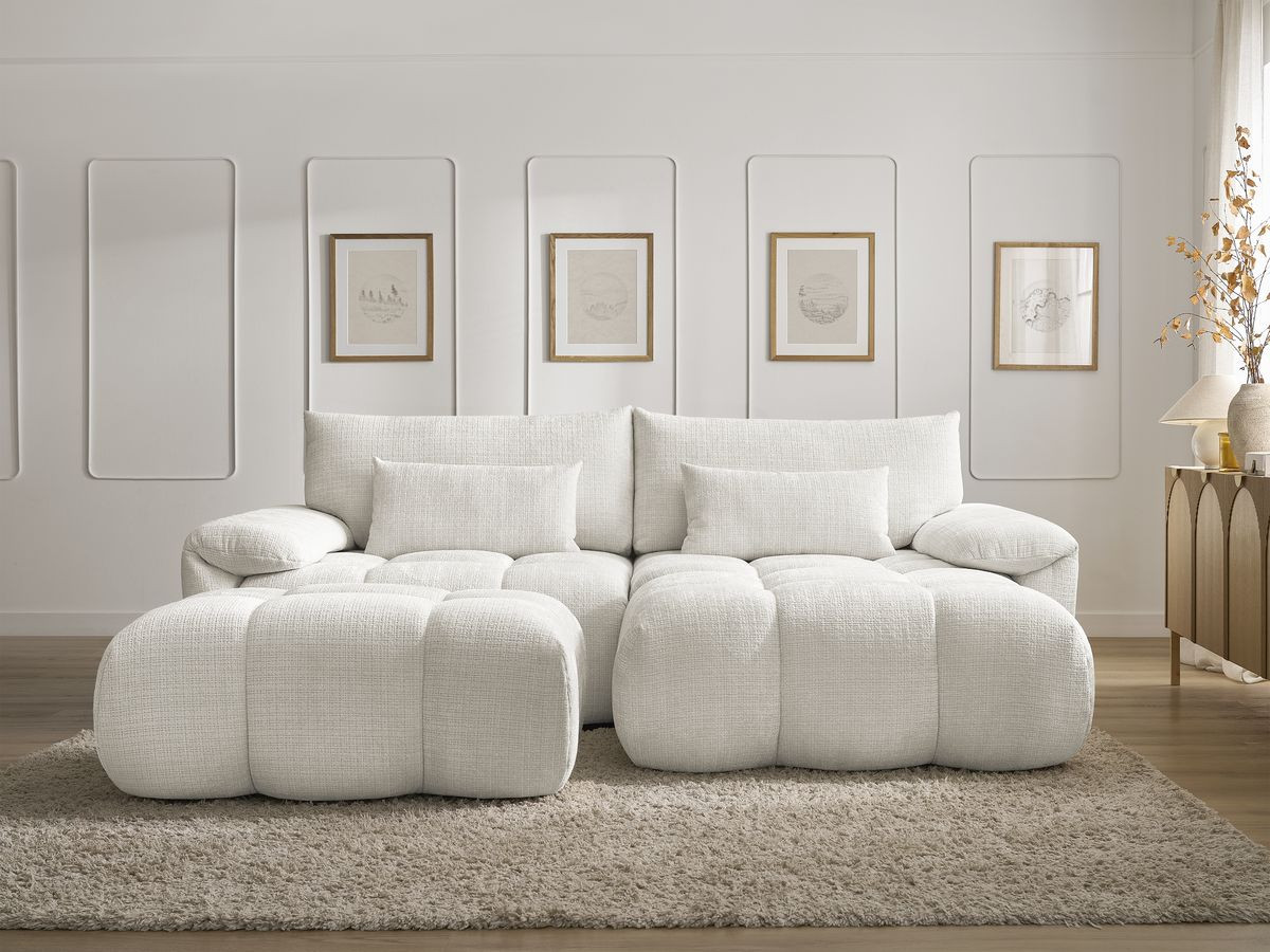 Bobochic Ivane Ecksofa mit Pouf Strukturstoff Weiß Ecke rechts