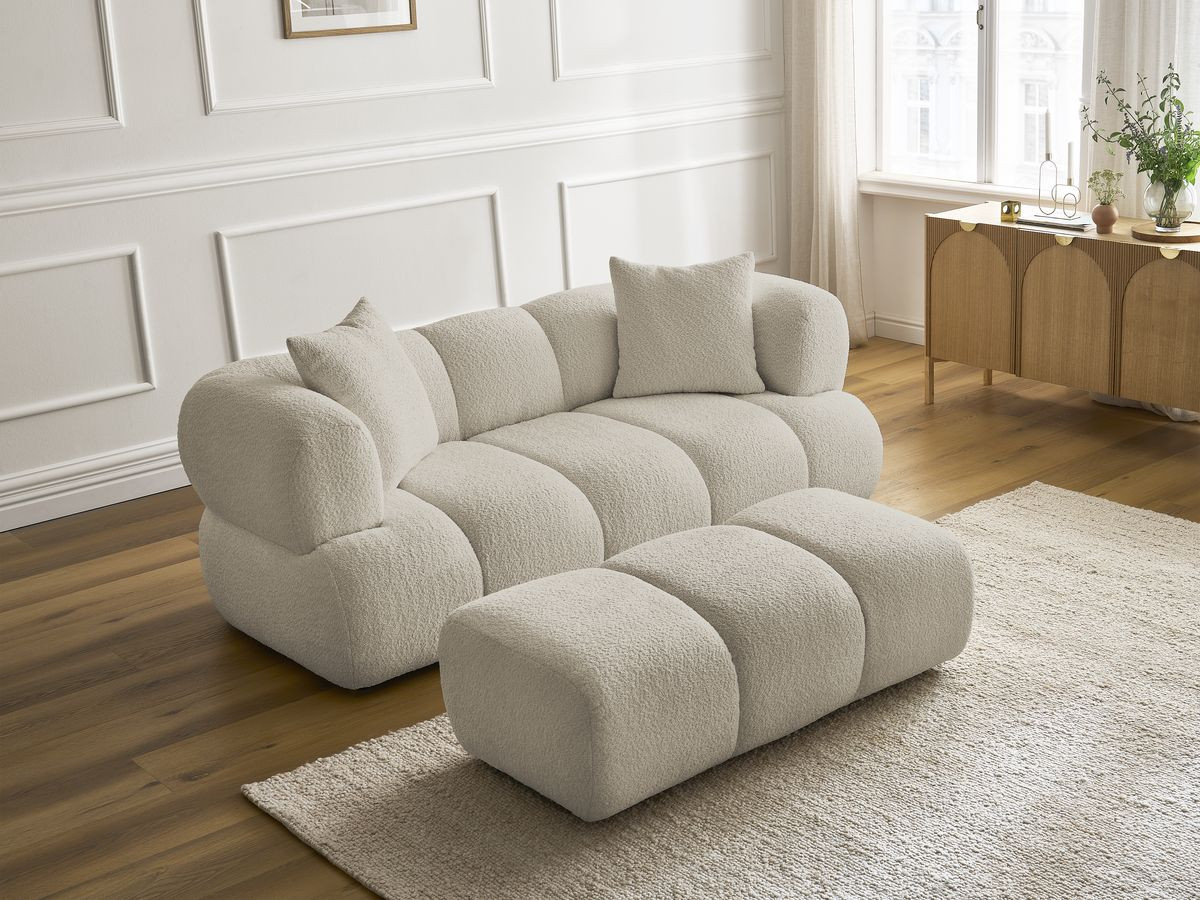 Bobochic Pamira Sofa 2-Sitzer mit Pouf Bouclé-Stoff Beige