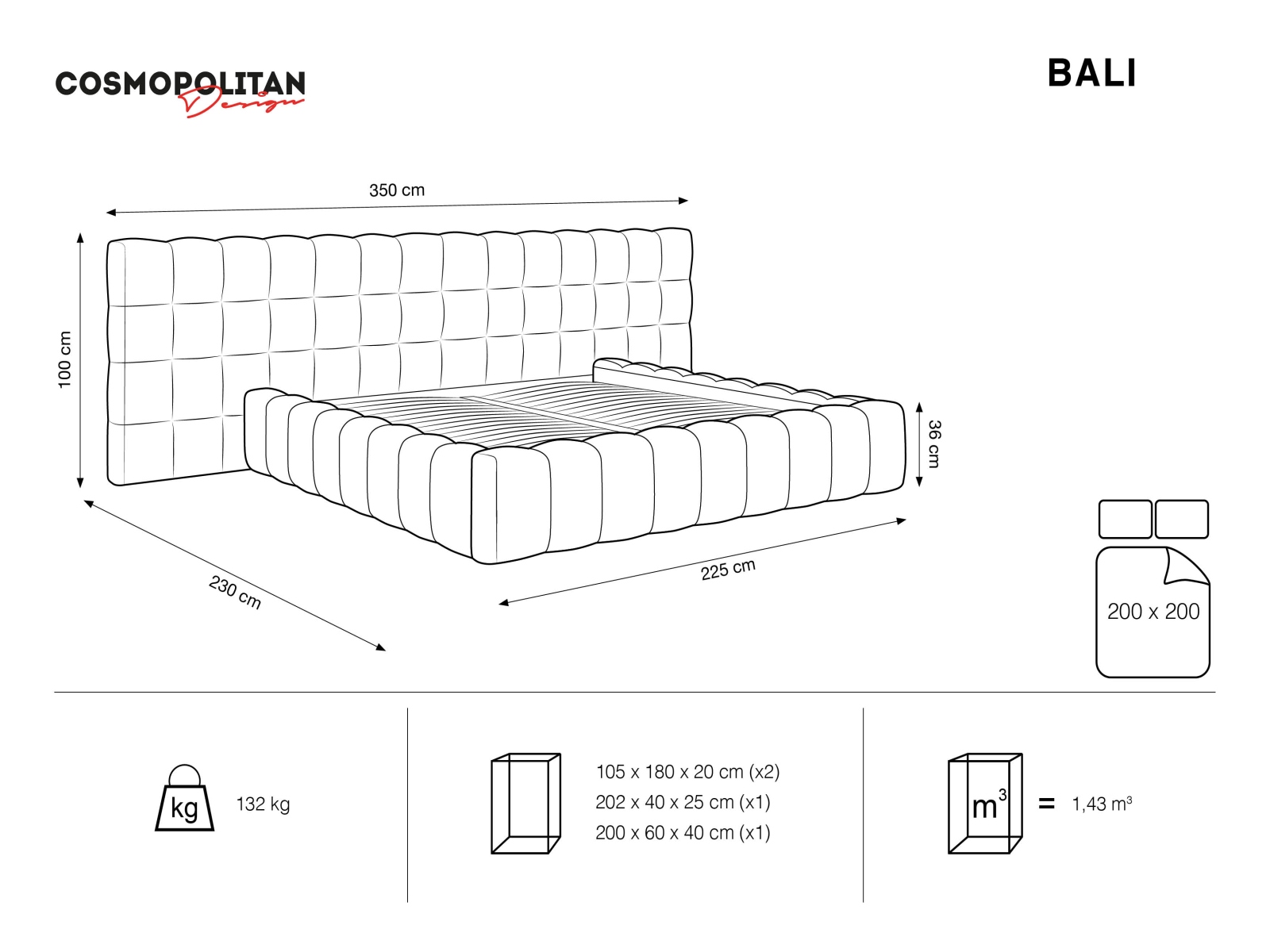 Cosmopolitan Design Stauraumbett mit doppeltem Kopfteil Bali 200x200 Samt Bluvel Schwarz