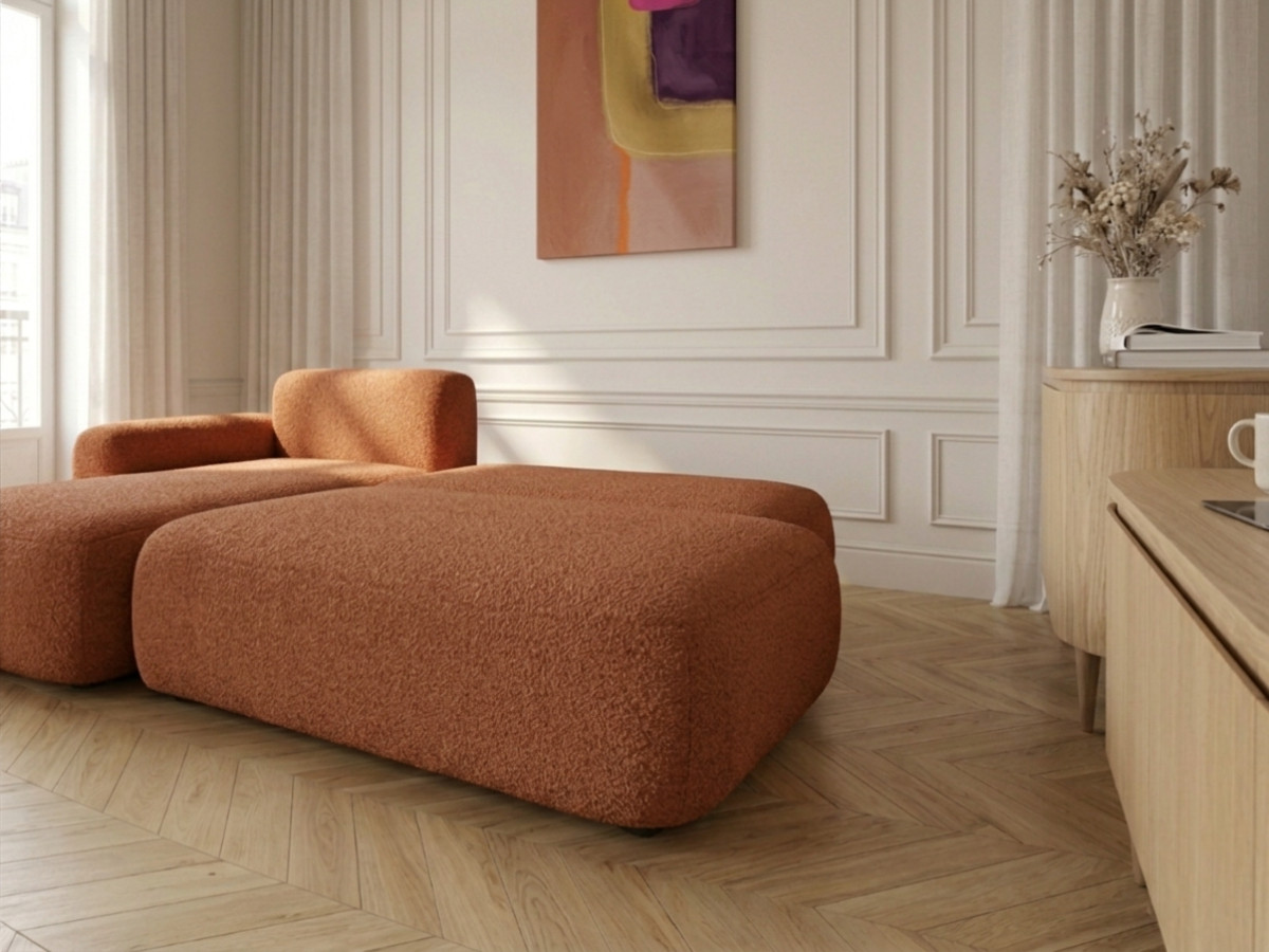 Bobochic Tango Ecksofa mit Schlaffunktion und Bettkasten Bouclé-Stoff Orange Ecke links