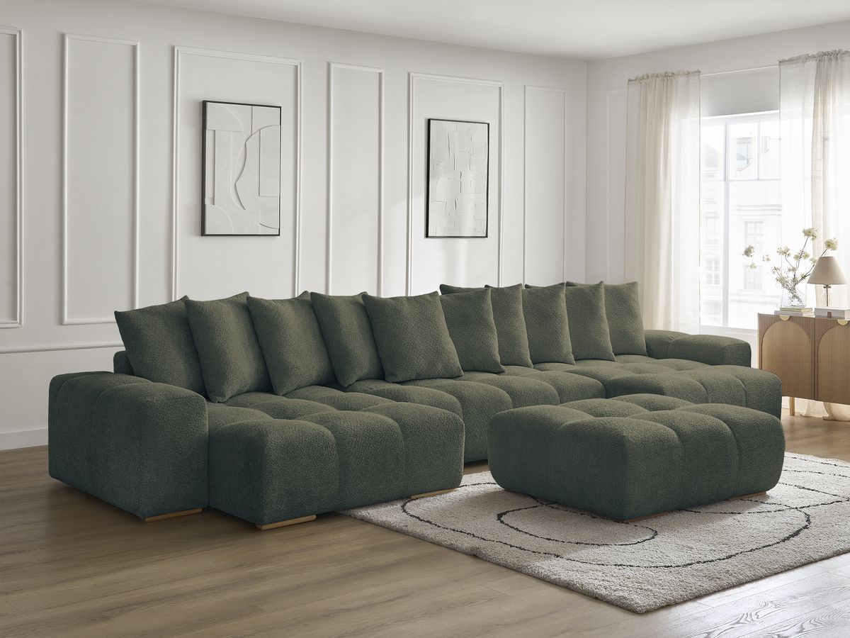 Bobochic Anakin Wohnlandschaft mit Pouf, Liegefläche 137 × 382 cm, 10 Kissen Bouclé-Stoff Grün
