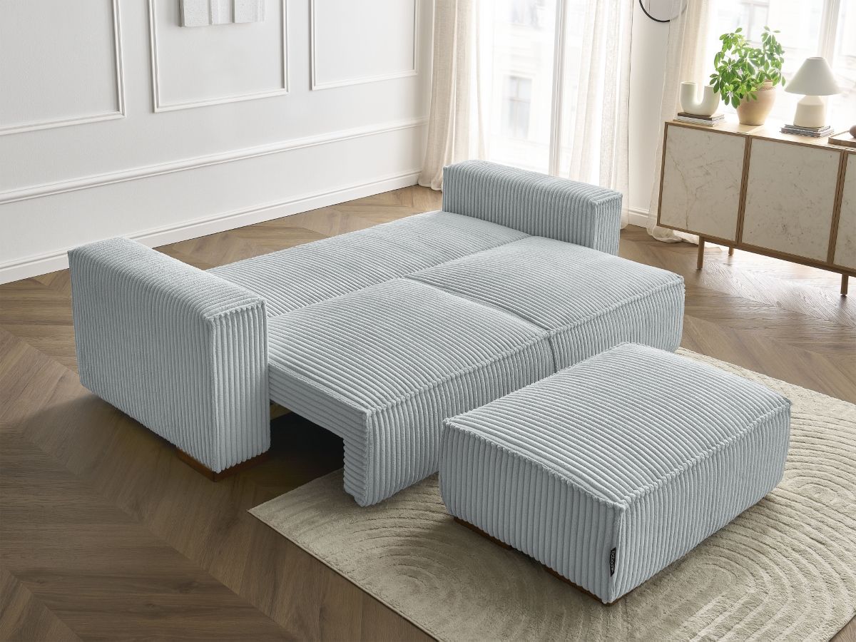Bobochic Chelsea Schlafsofa 4-Sitzer mit Bettkasten und Pouf Breitcord weich Hellgrau