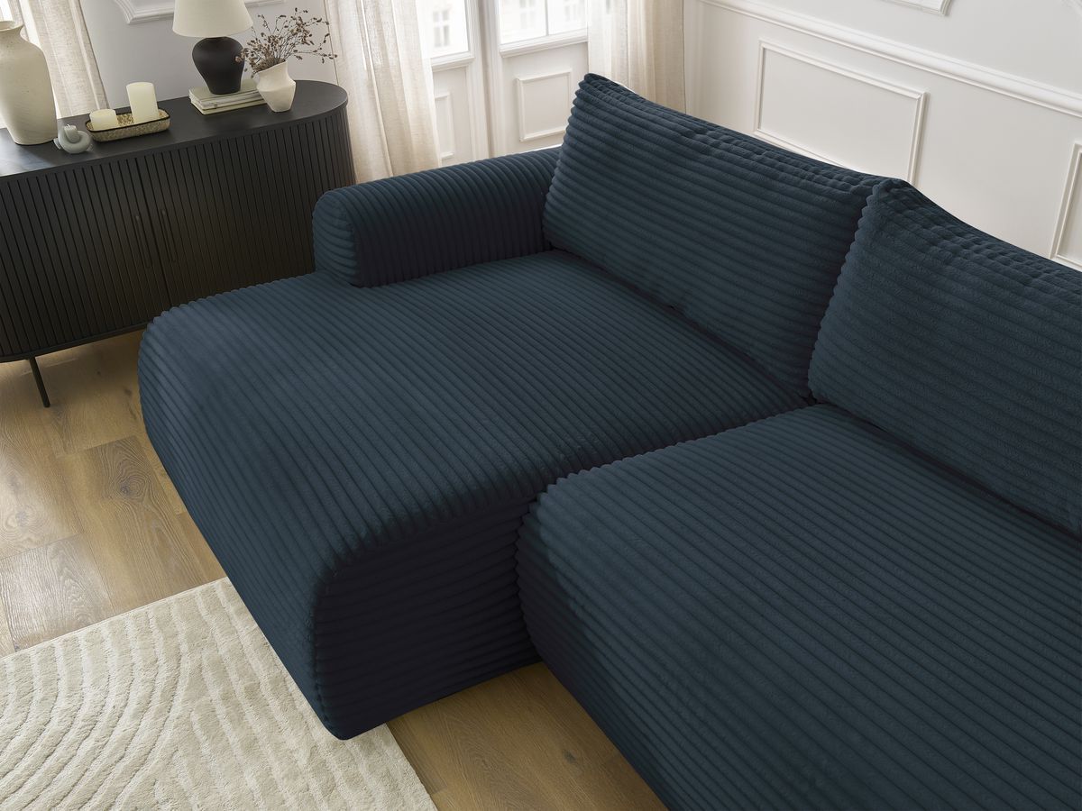 Bobochic Lucien Ecksofa mit Schlaffunktion und Bettkasten 314 × 167 cm Breitcord weich Dunkelblau Ecke links